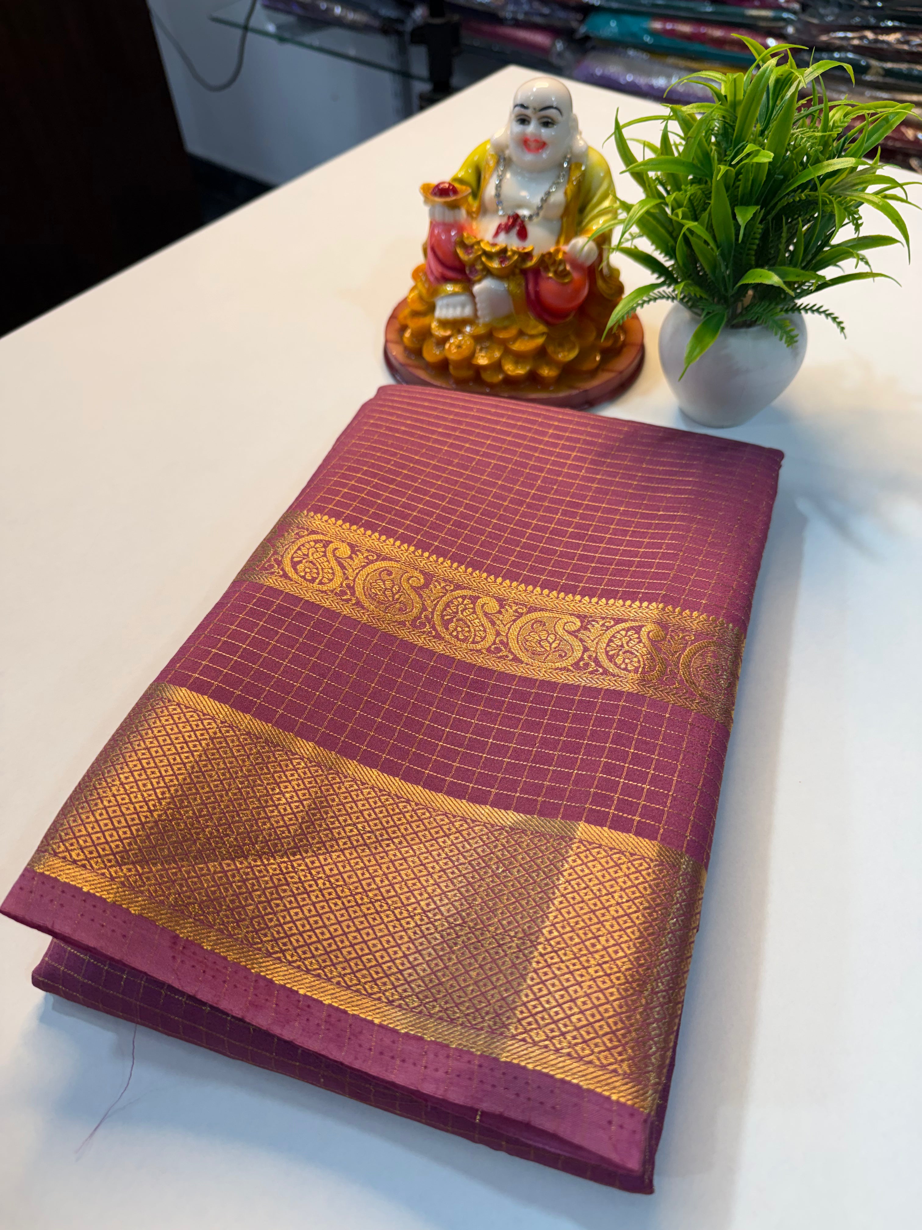 Premium Mysore Crepe Silk Saree with Checks & Mango Bentex Border…