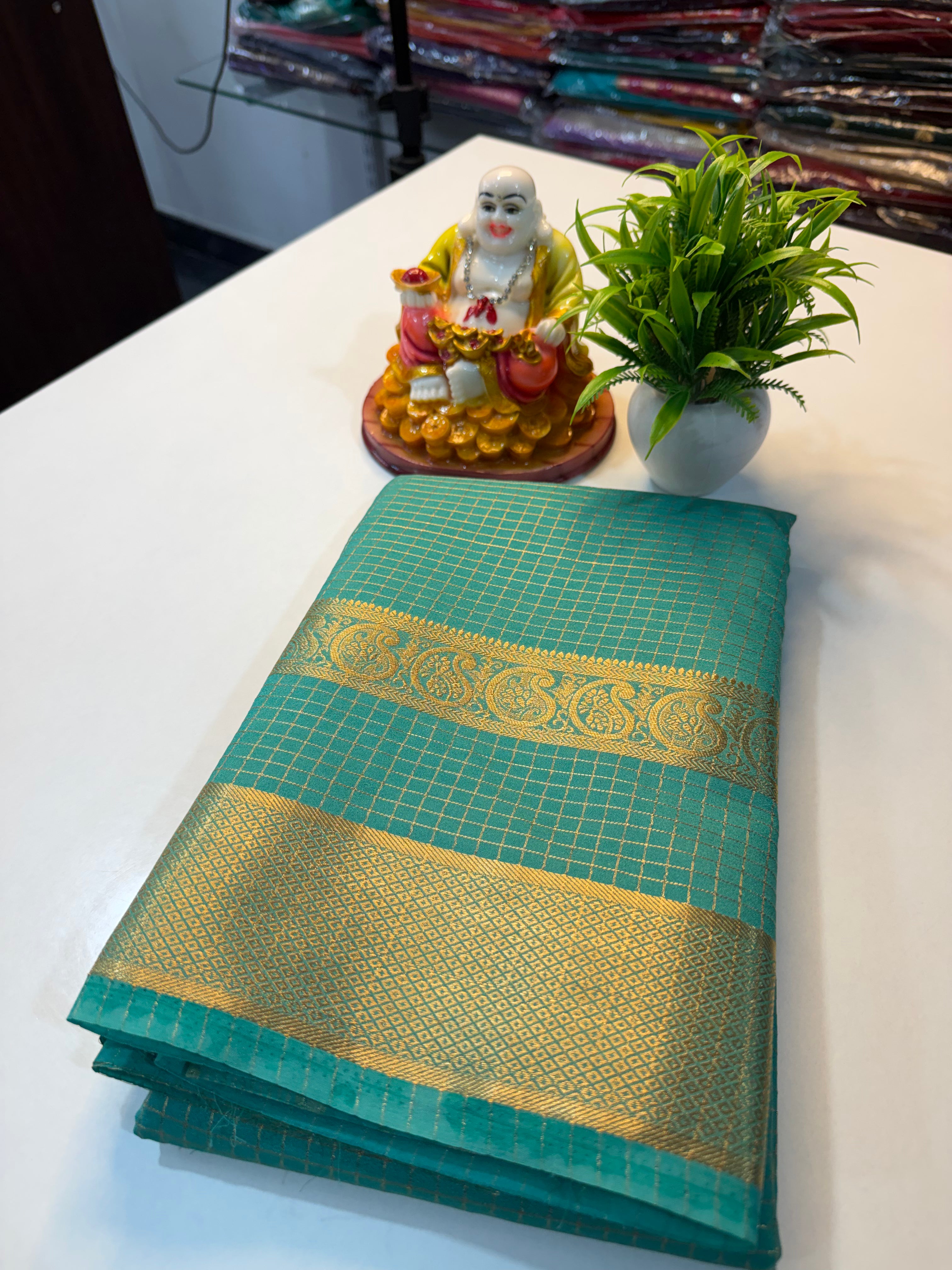 Premium Mysore Crepe Silk Saree with Checks & Mango Bentex Border…