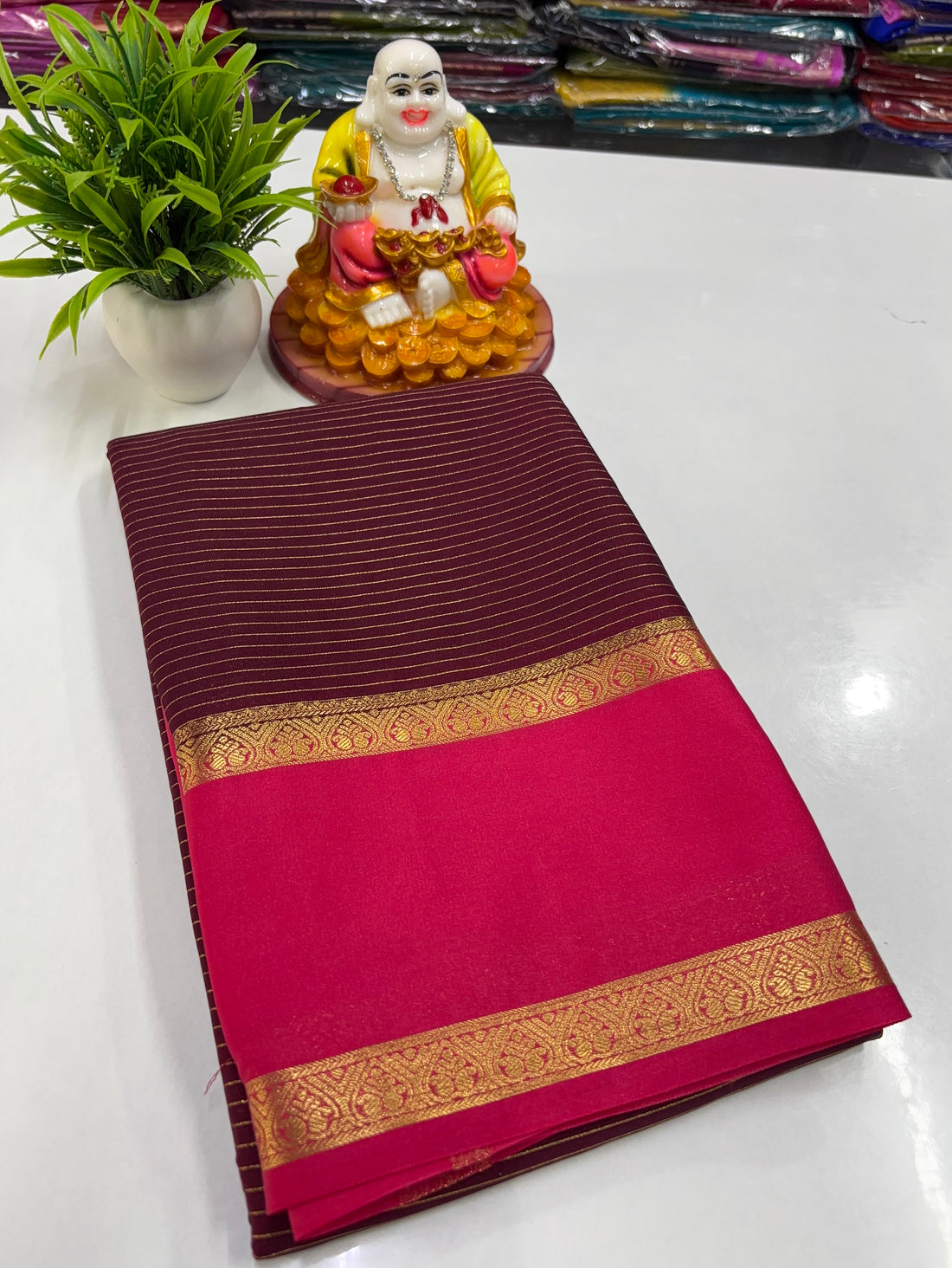 Mysore Crepe Silk Saree with Stripes & Bentex Border