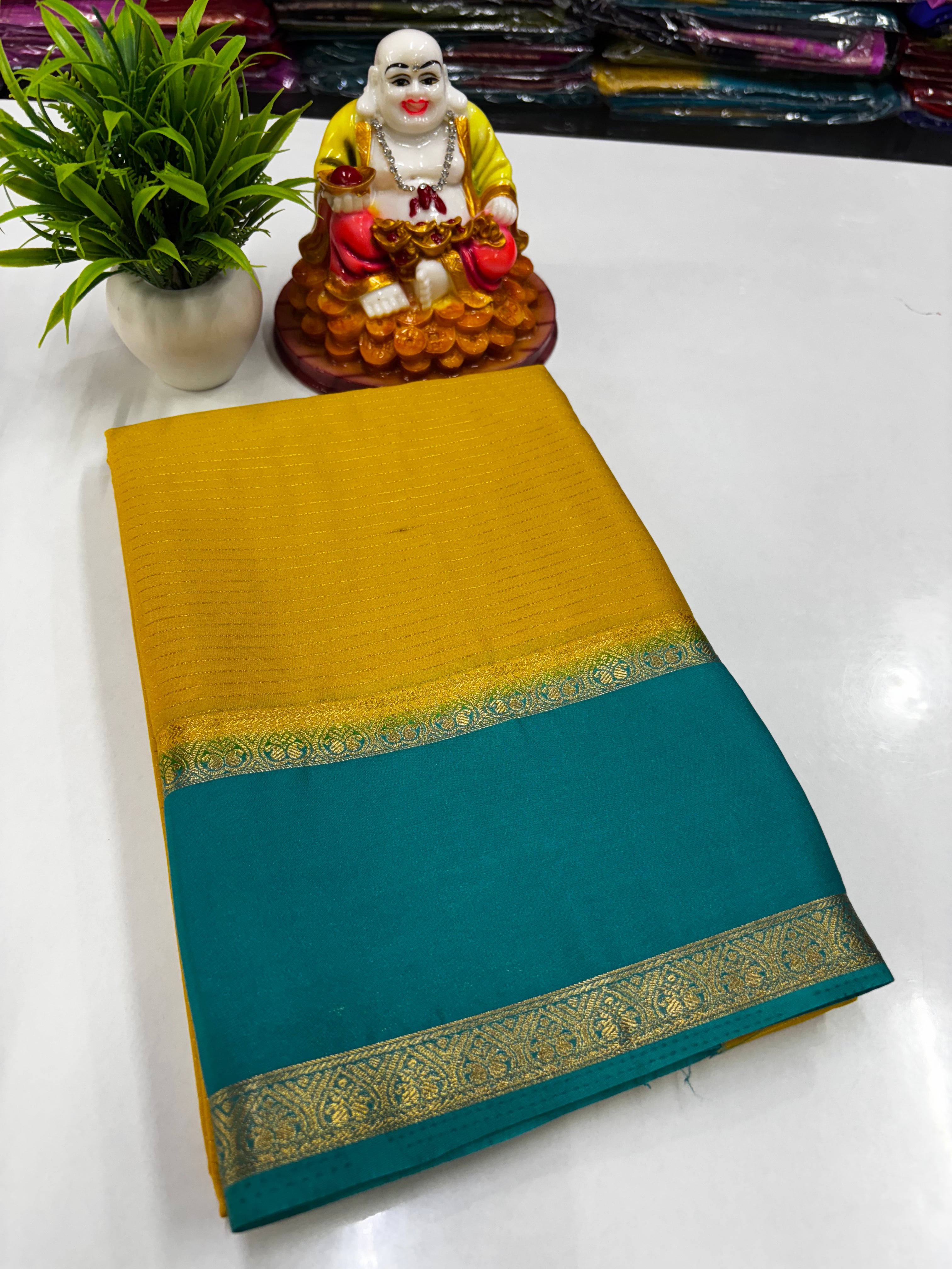 Mysore Crepe Silk Saree with Stripes & Bentex Border