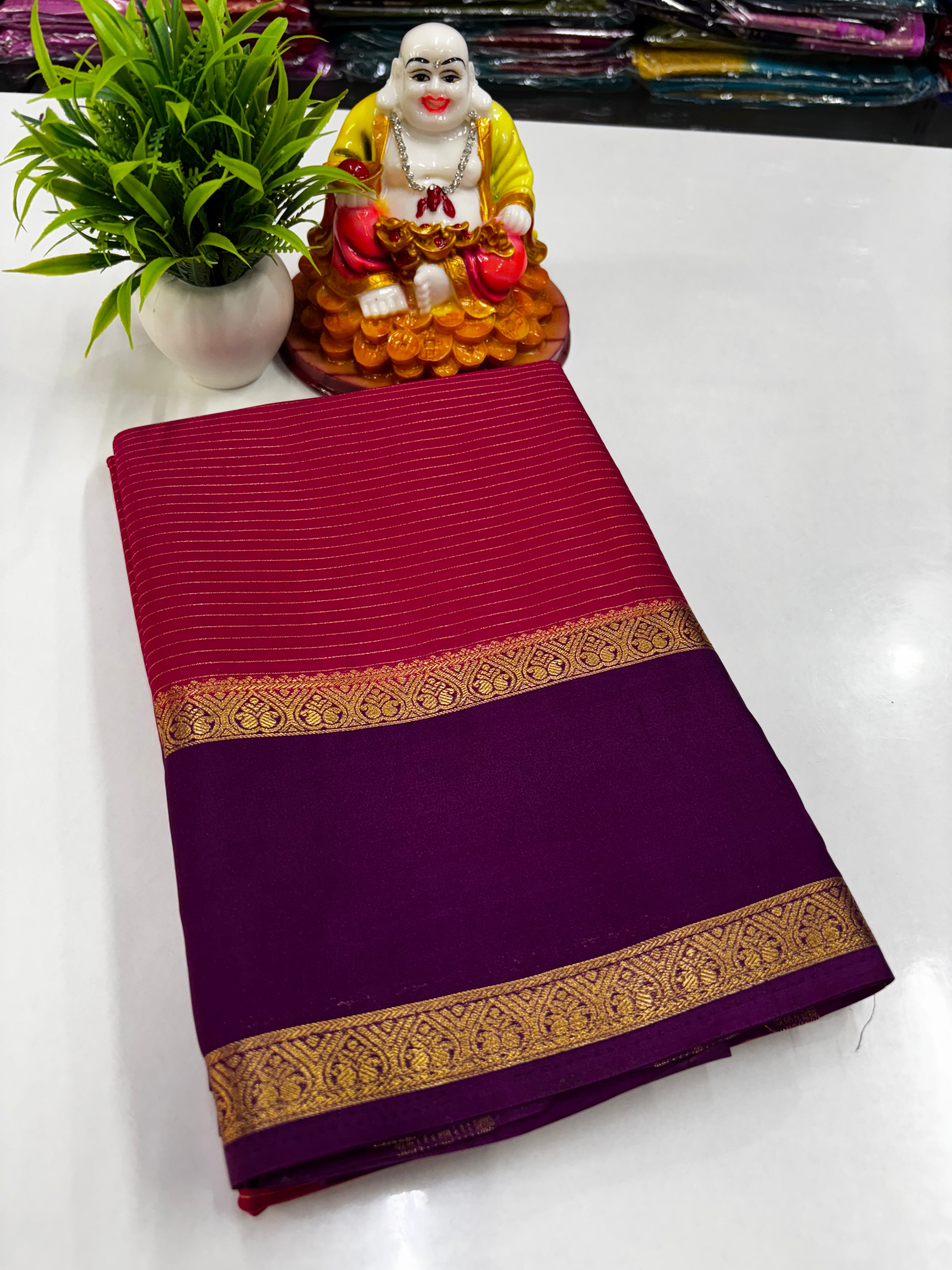 Mysore Crepe Silk Saree with Stripes & Bentex Border
