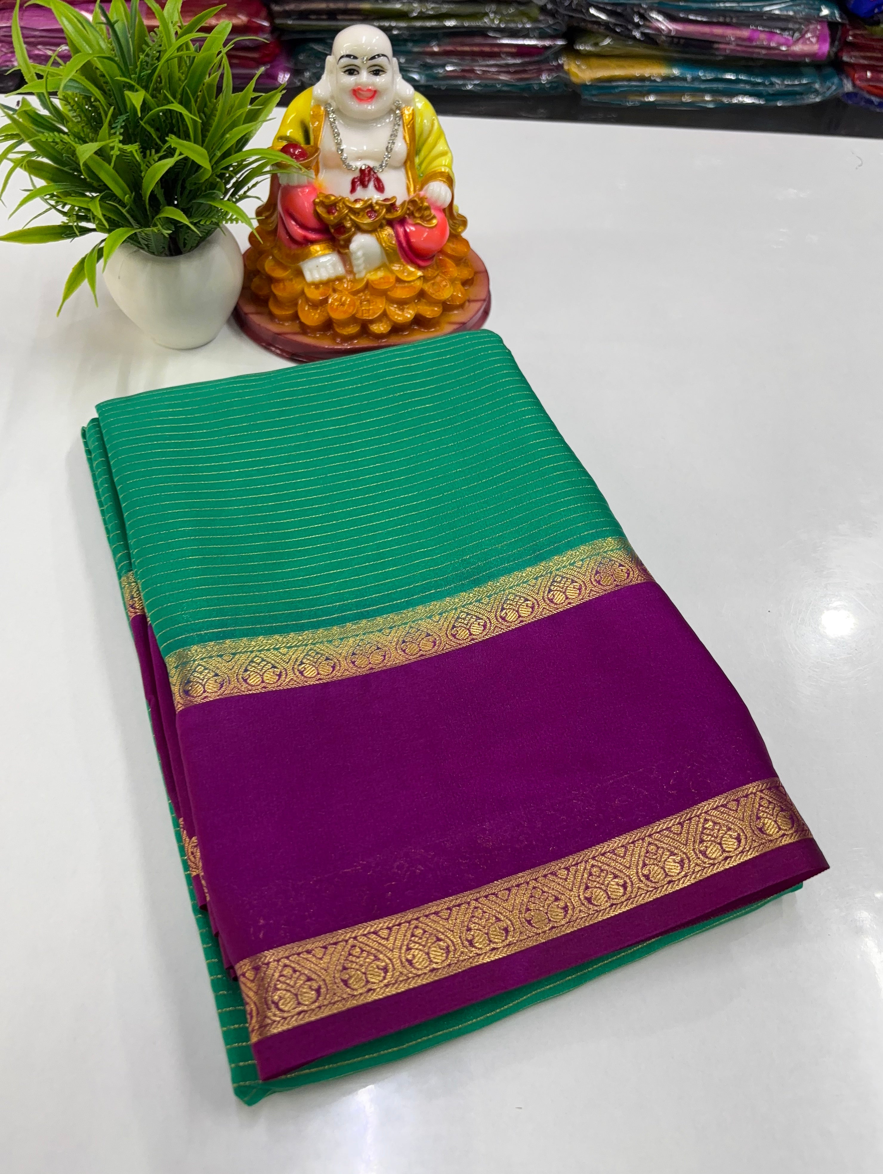 Mysore Crepe Silk Saree with Stripes & Bentex Border