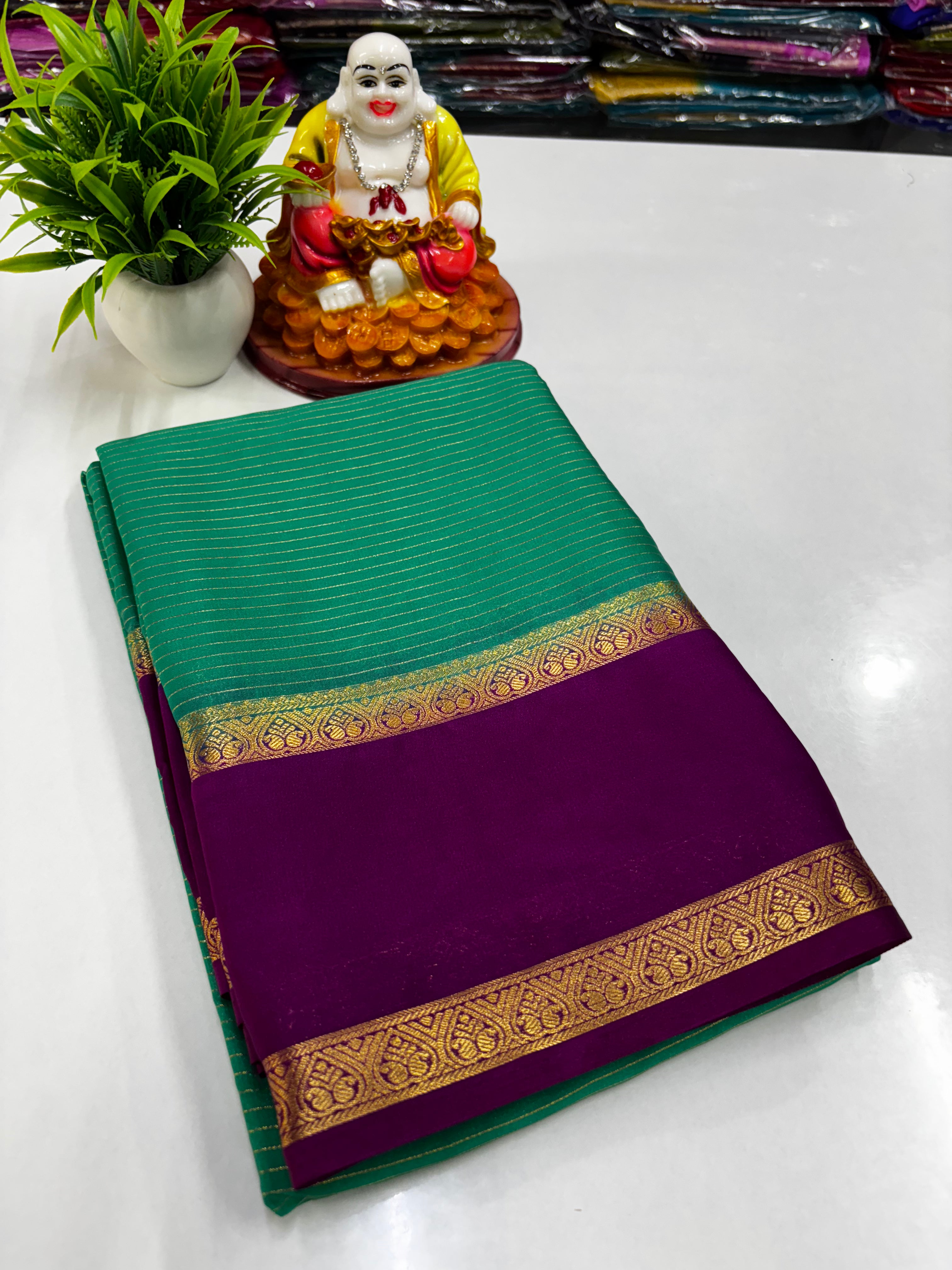 Mysore Crepe Silk Saree with Stripes & Bentex Border