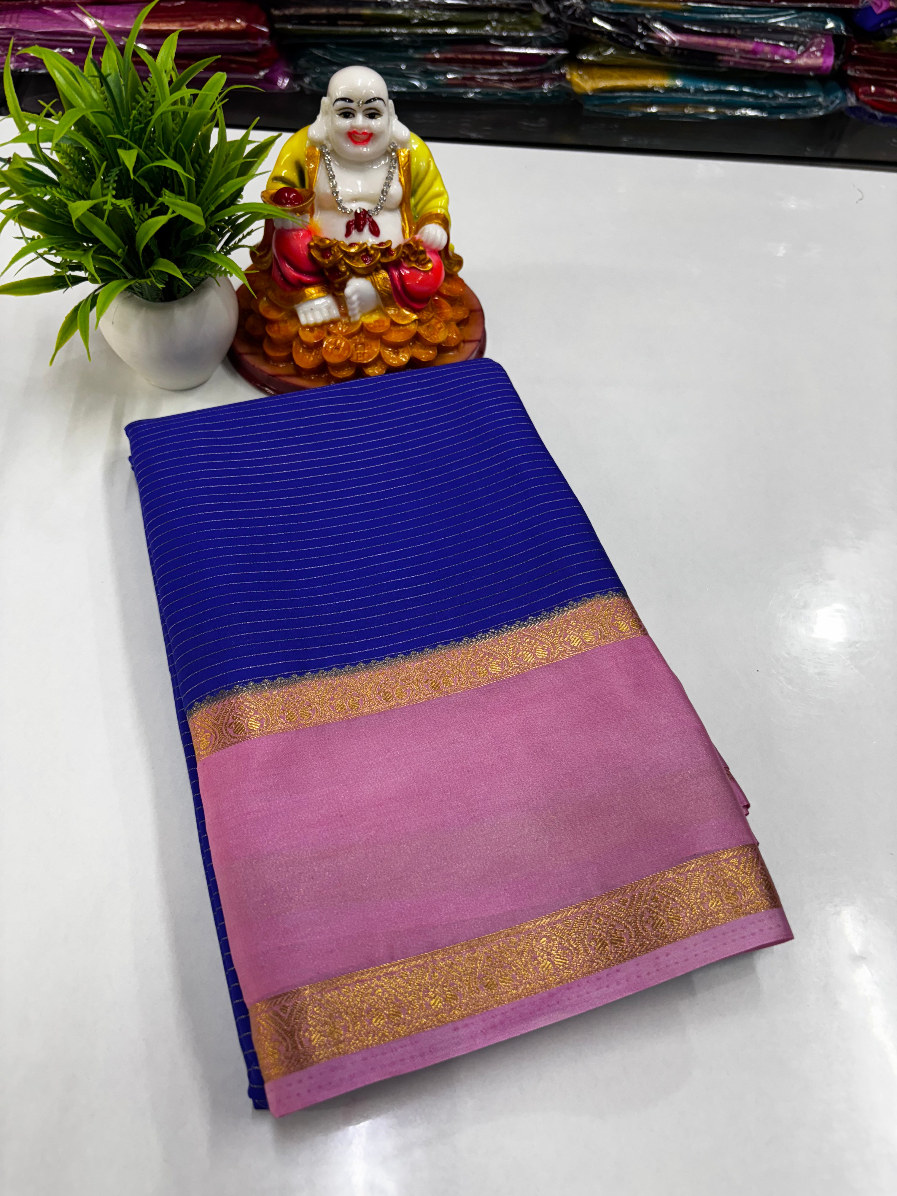 Mysore Crepe Silk Saree with Stripes & Bentex Border