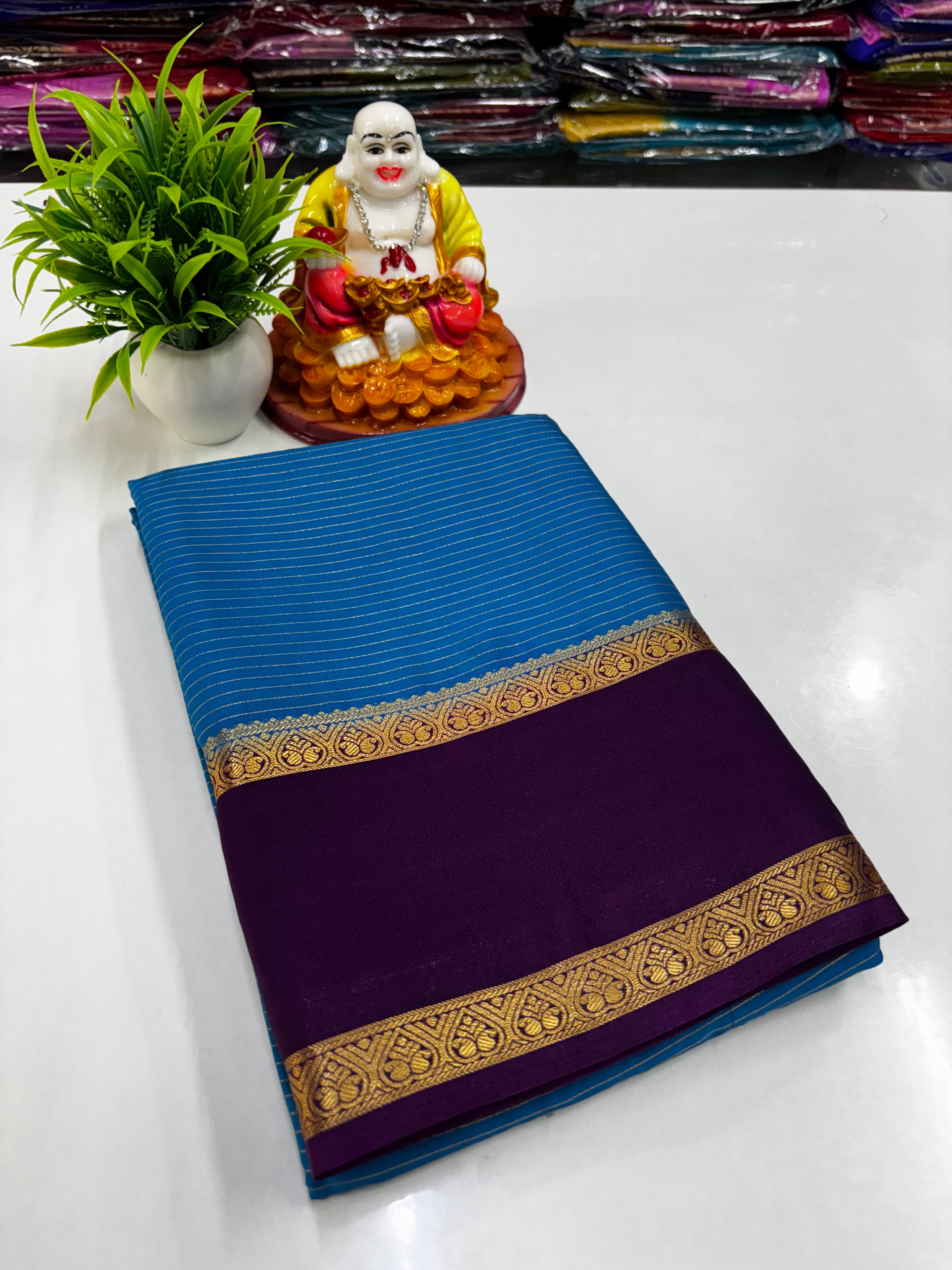 Mysore Crepe Silk Saree with Stripes & Bentex Border