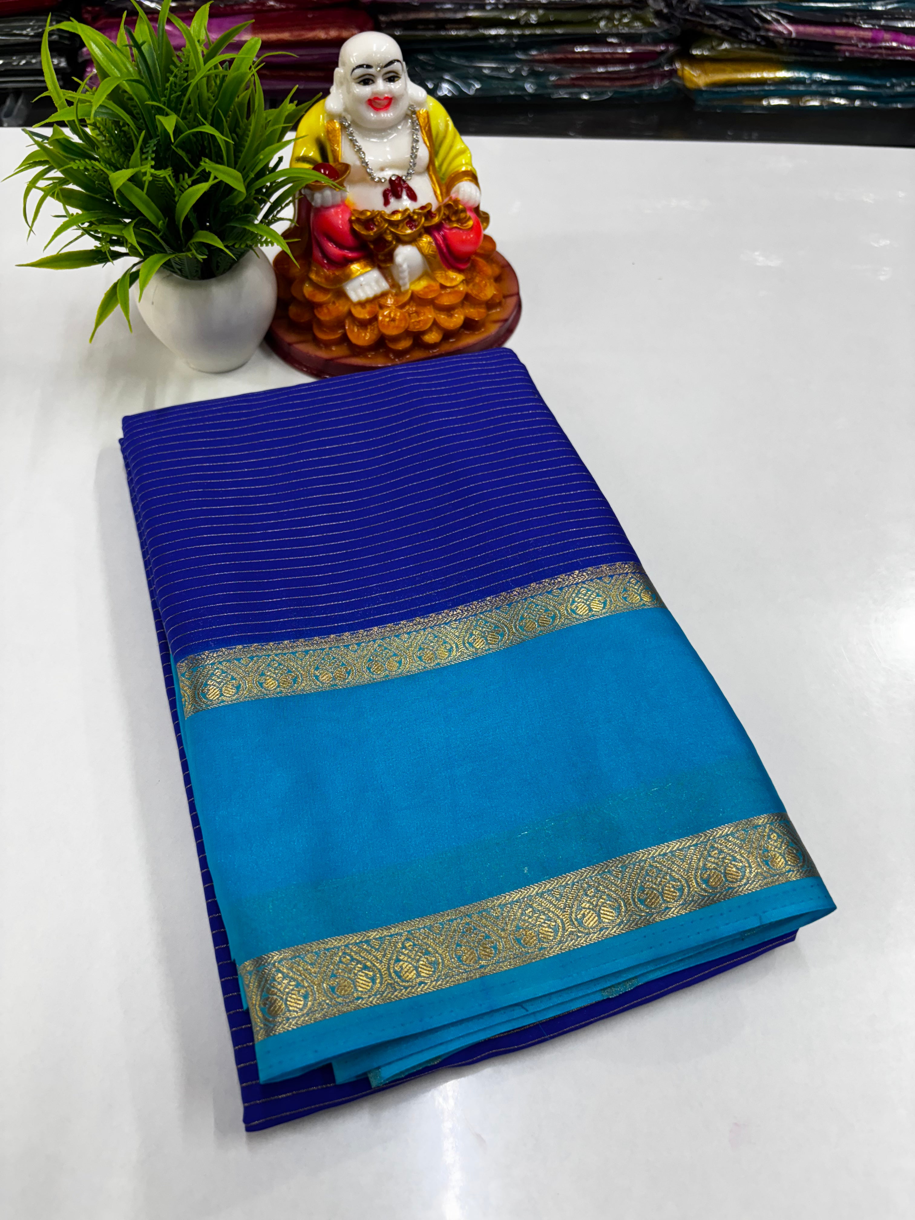 Mysore Crepe Silk Saree with Stripes & Bentex Border