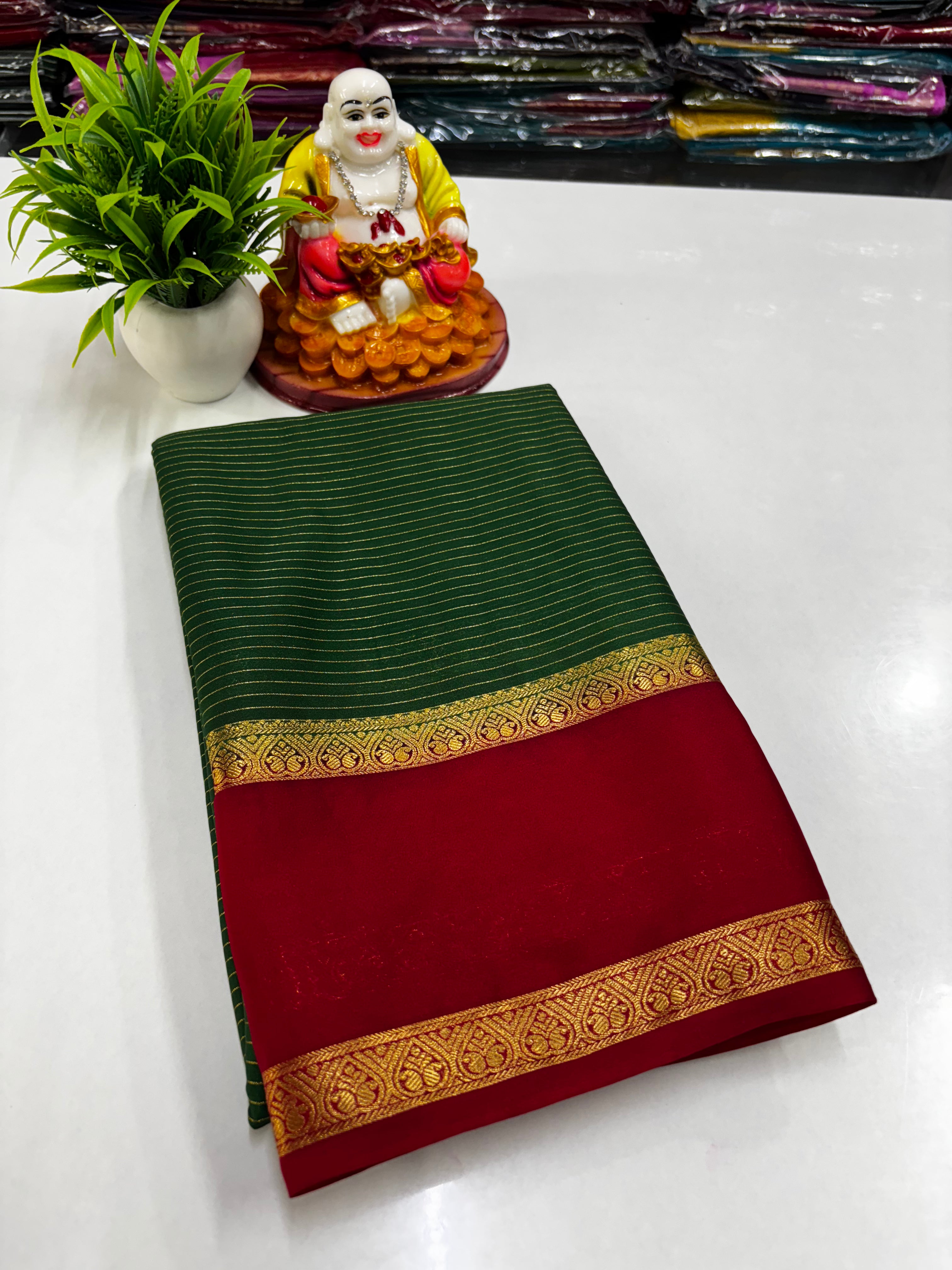 Mysore Crepe Silk Saree with Stripes & Bentex Border