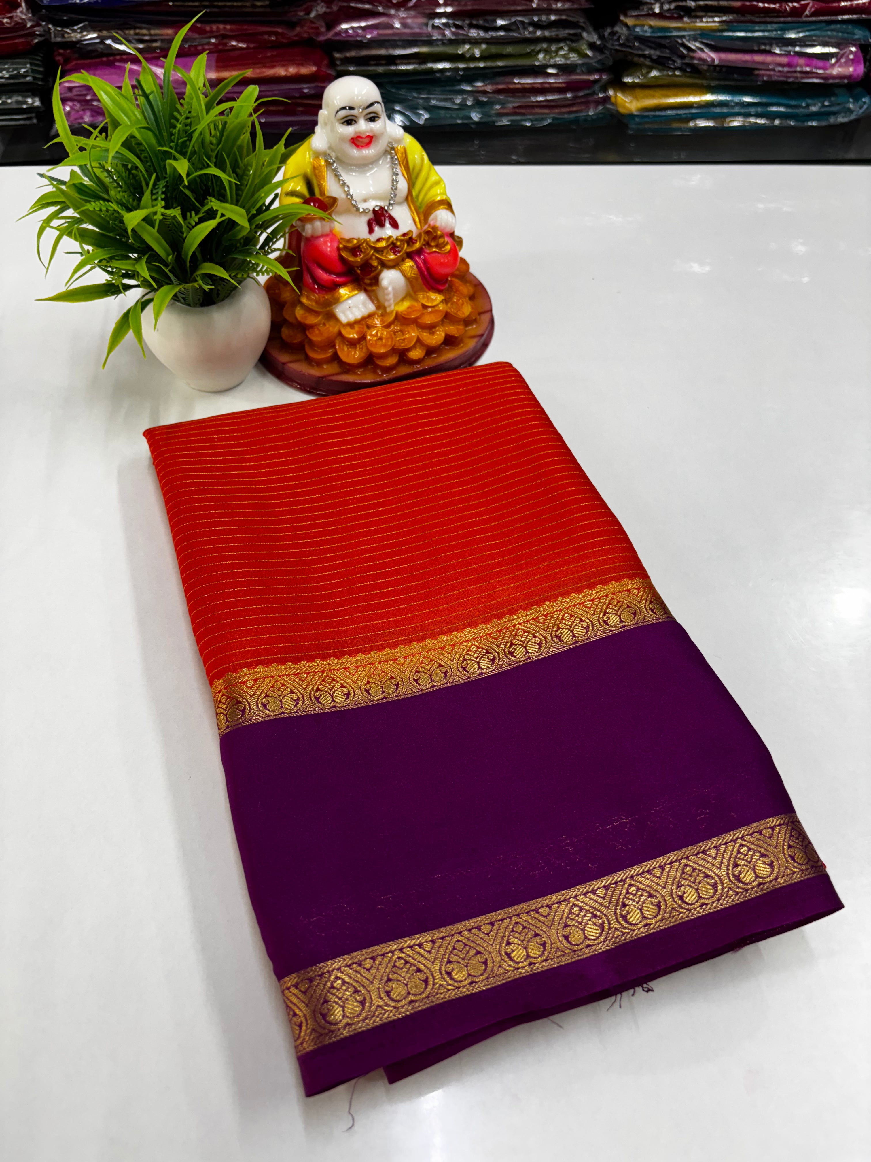 Mysore Crepe Silk Saree with Stripes & Bentex Border