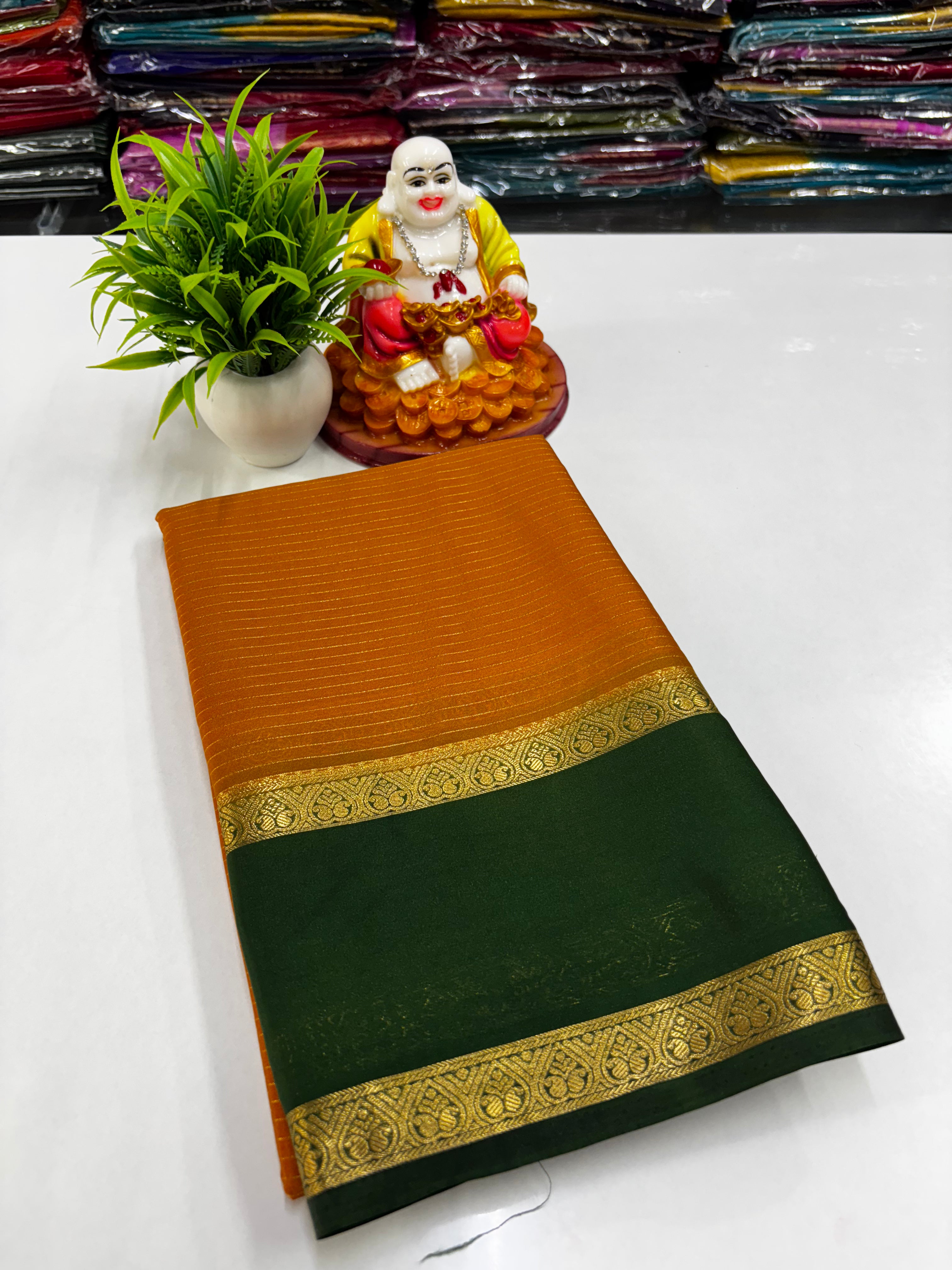 Mysore Crepe Silk Saree with Stripes & Bentex Border