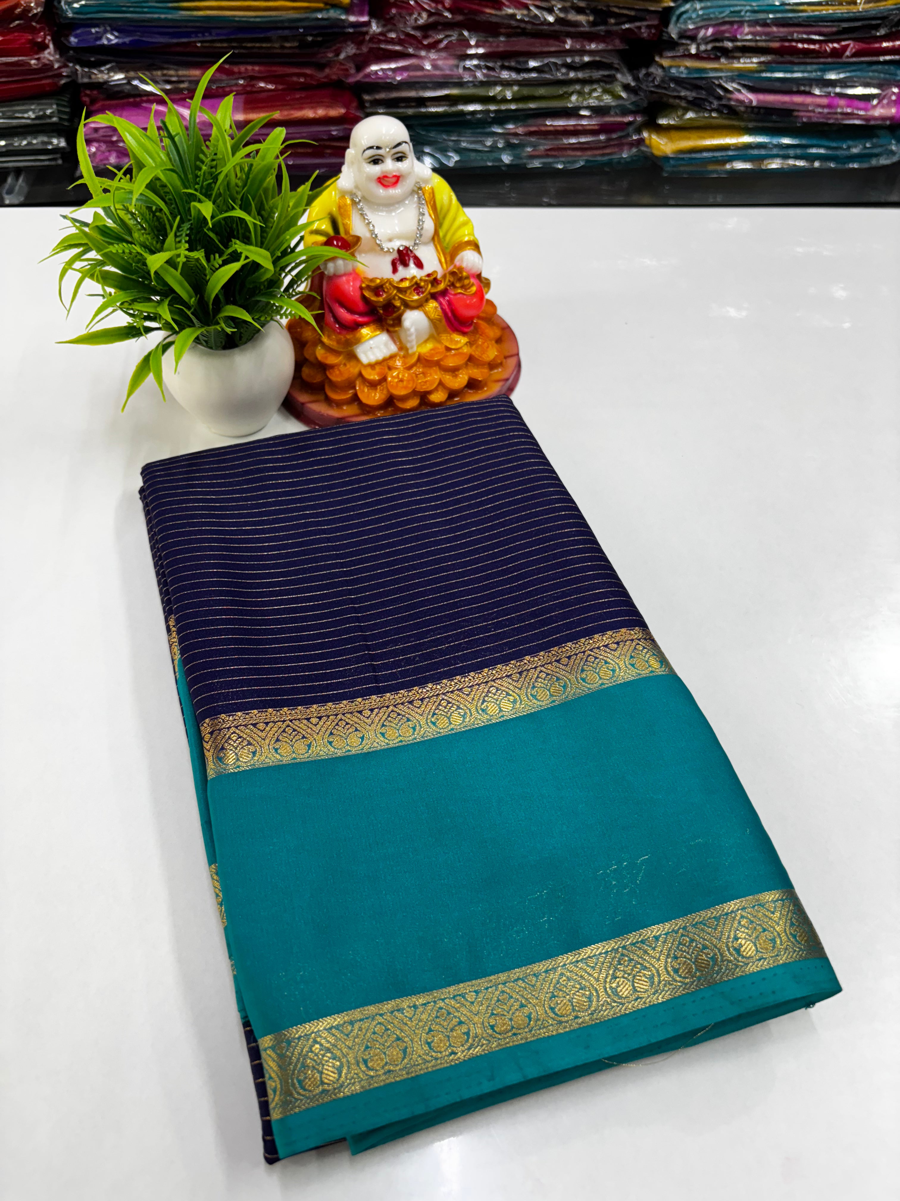 Mysore Crepe Silk Saree with Stripes & Bentex Border