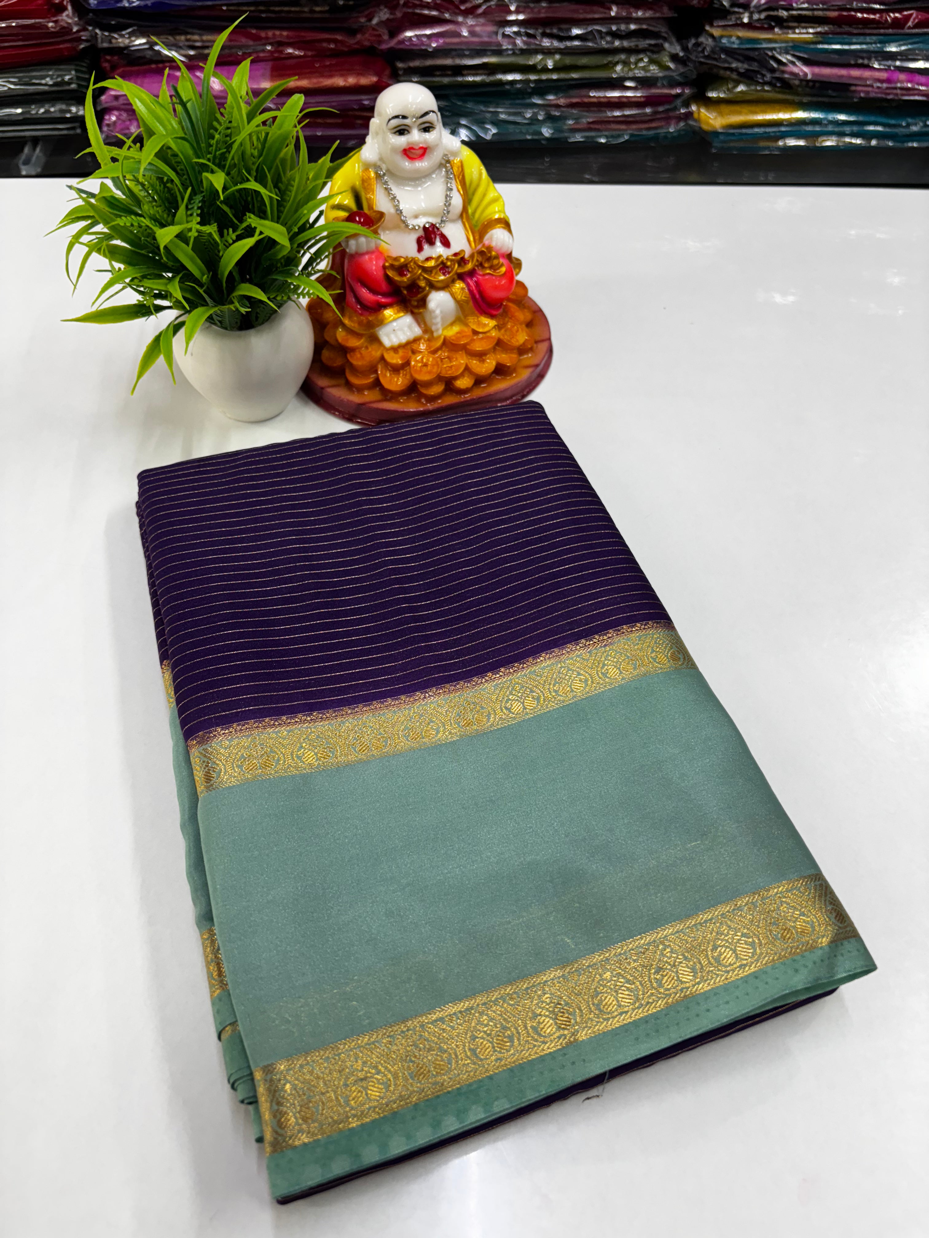 Mysore Crepe Silk Saree with Stripes & Bentex Border