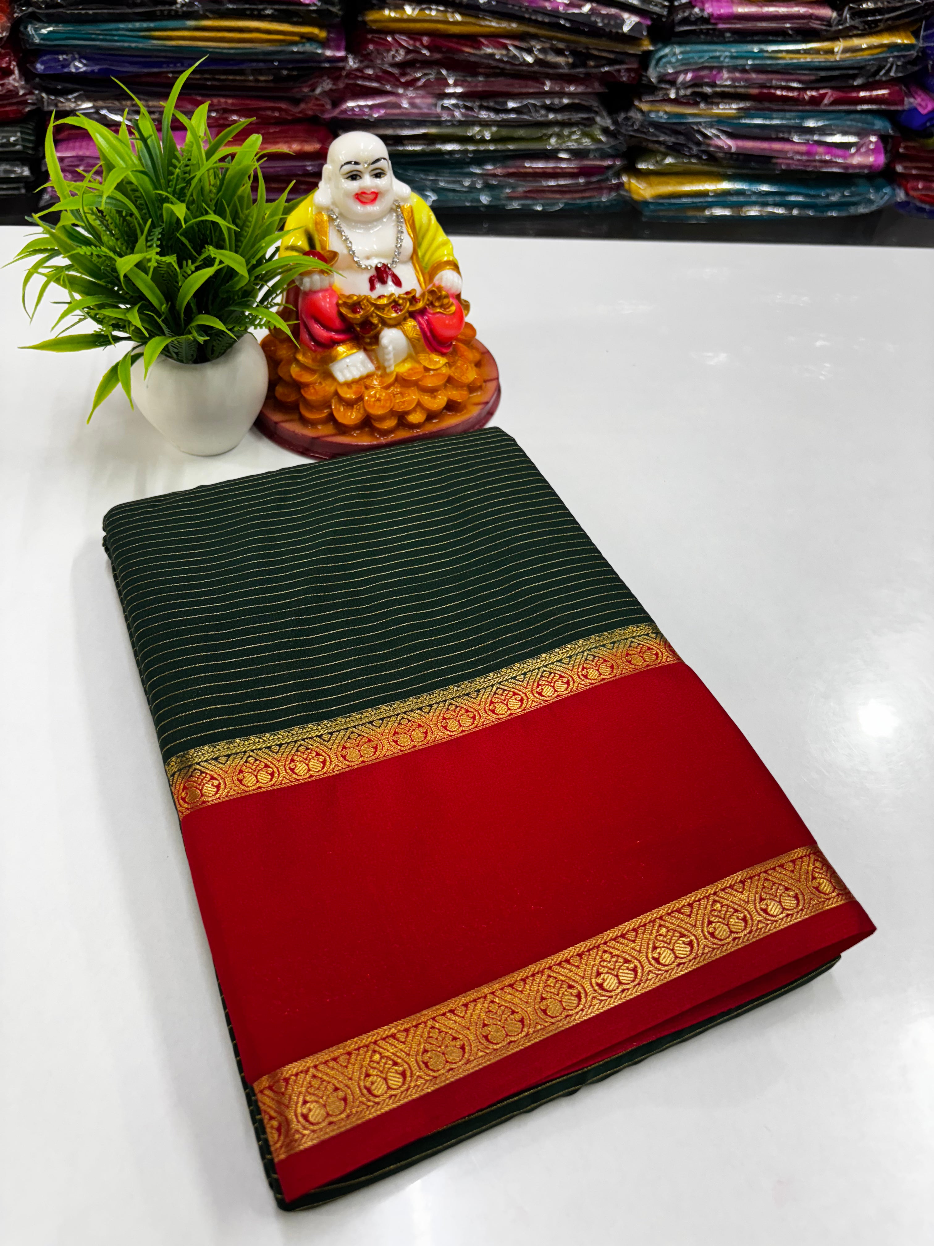 Mysore Crepe Silk Saree with Stripes & Bentex Border