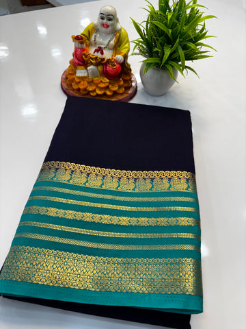 Mysore Crepe Silk Saree with Peacock Border | Padmavathi Silks and Sarees
