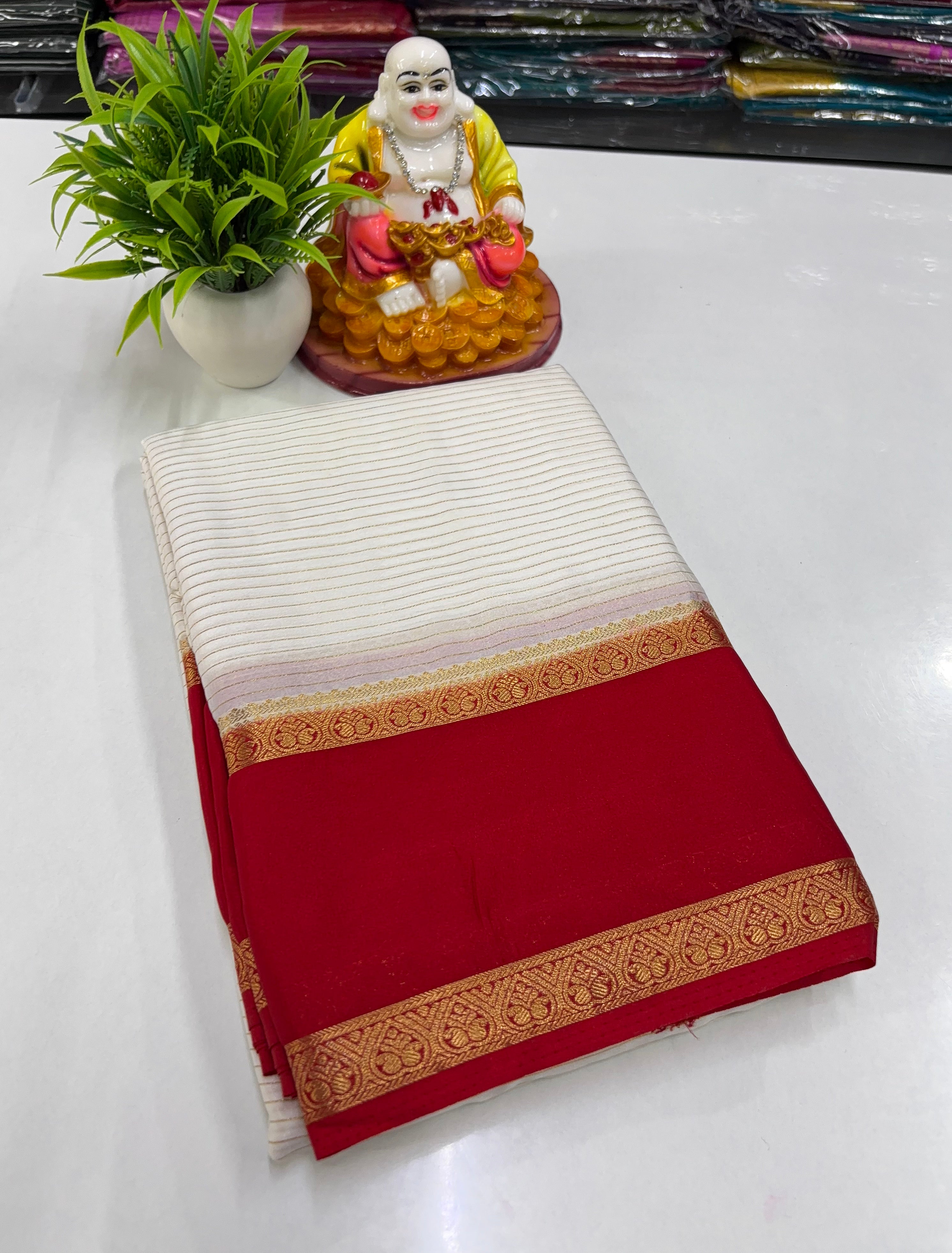 Mysore Crepe Silk Saree with Stripes & Bentex Border