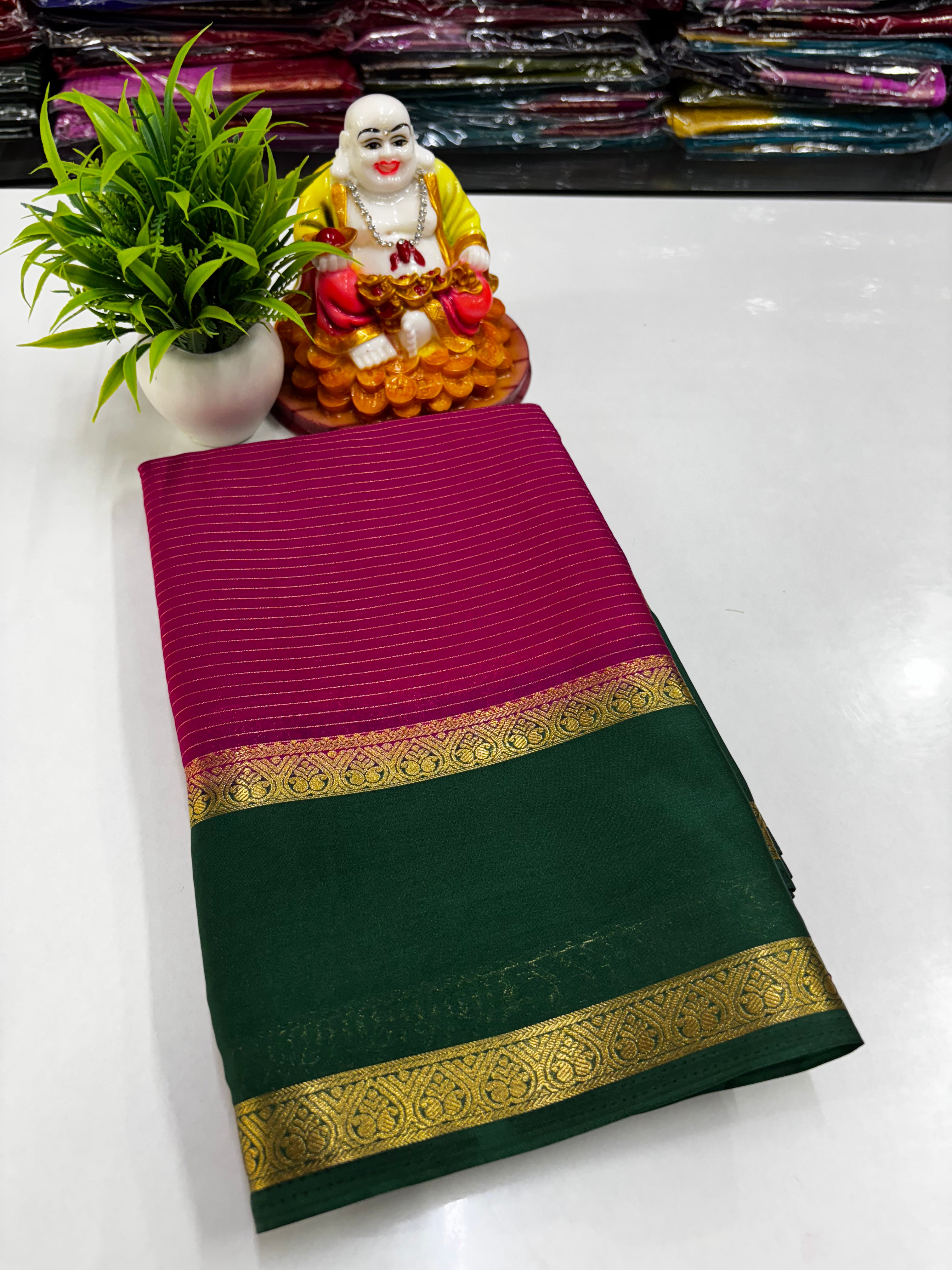 Mysore Crepe Silk Saree with Stripes & Bentex Border