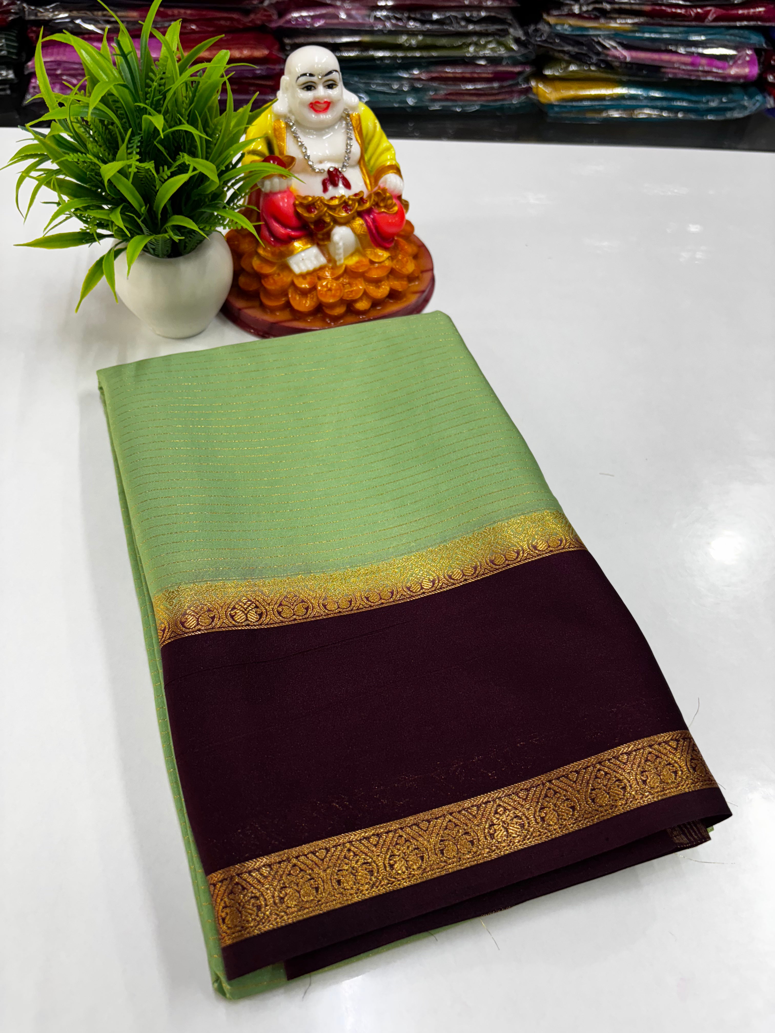 Mysore Crepe Silk Saree with Stripes & Bentex Border