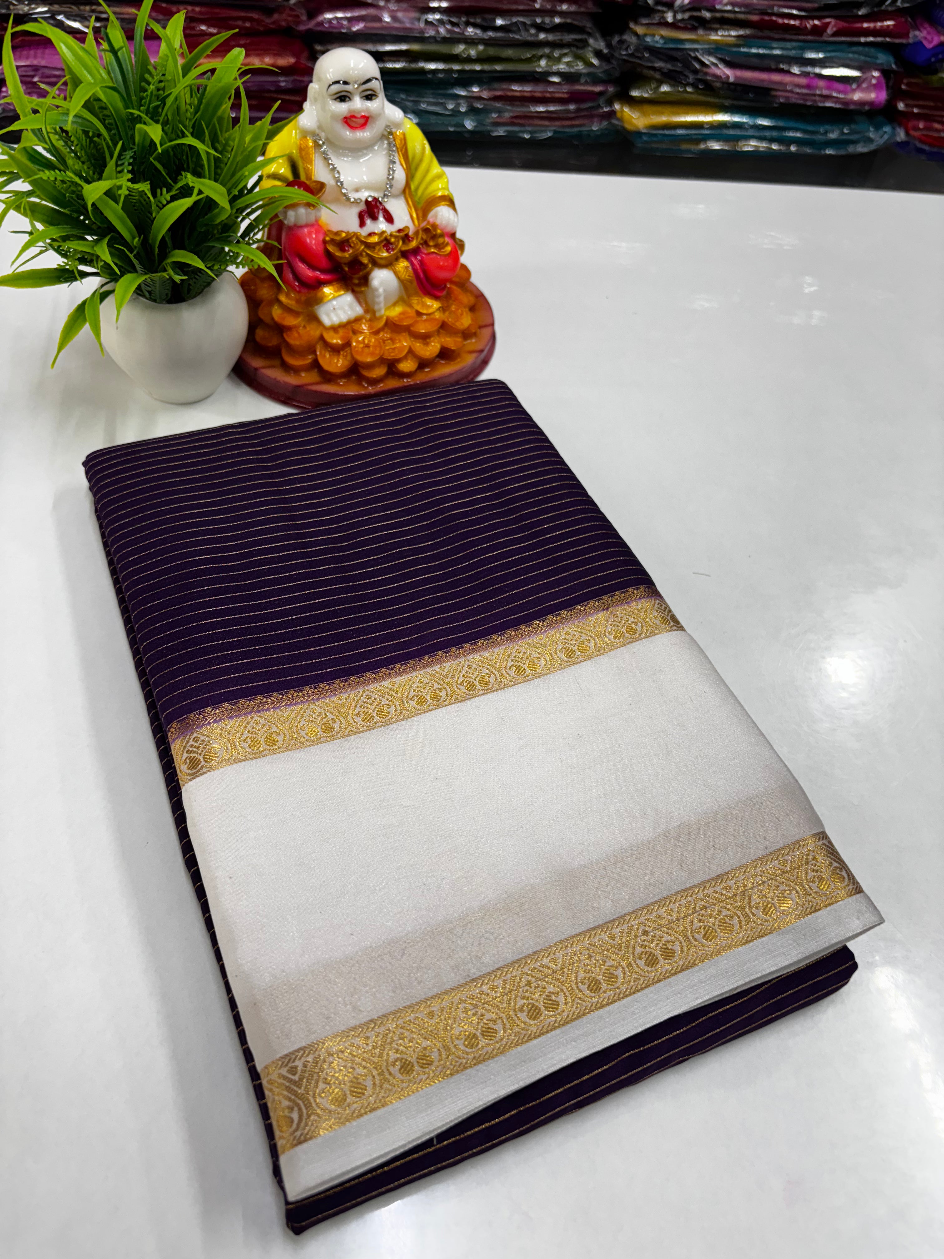 Mysore Crepe Silk Saree with Stripes & Bentex Border