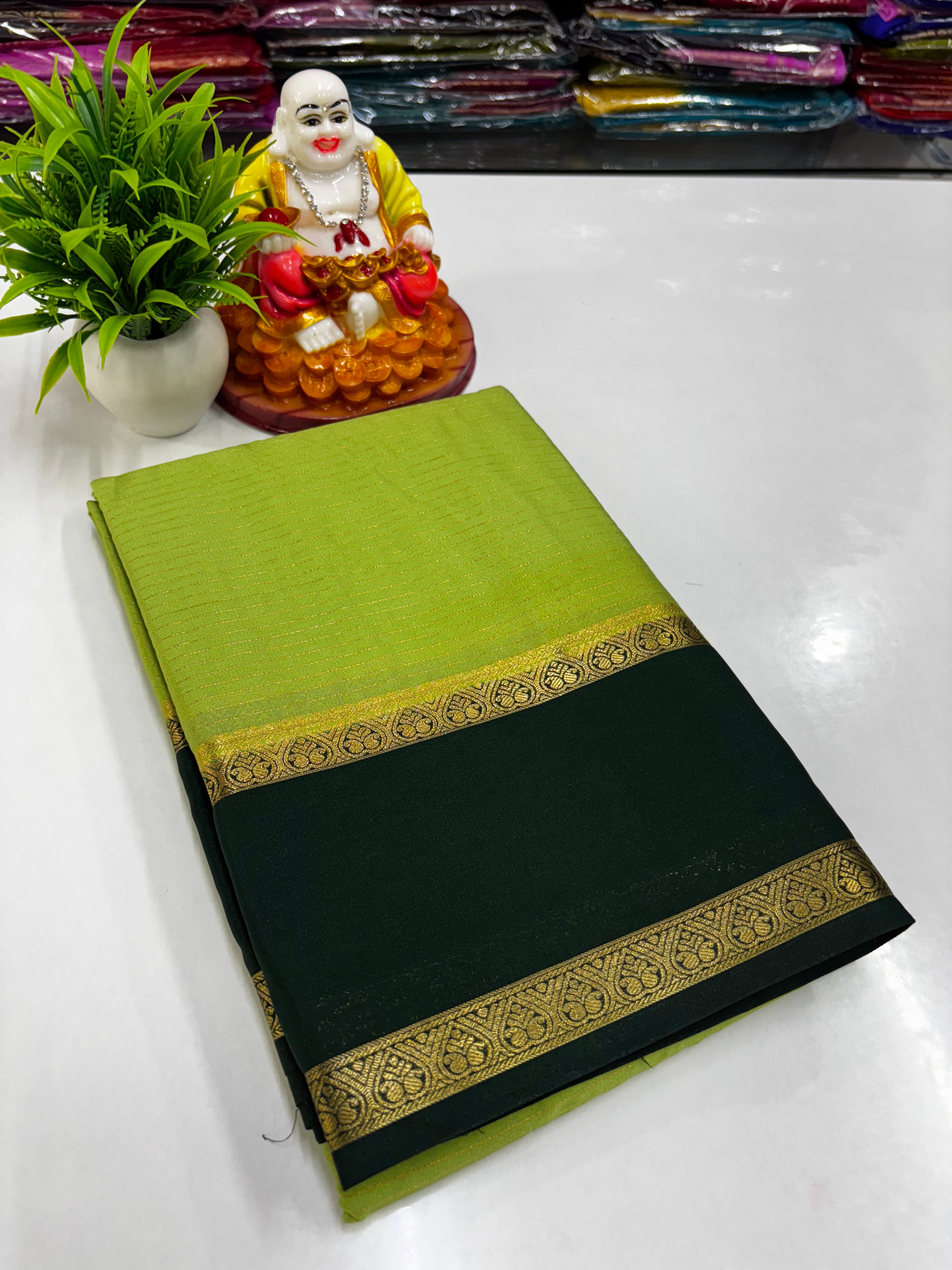 Mysore Crepe Silk Saree with Stripes & Bentex Border