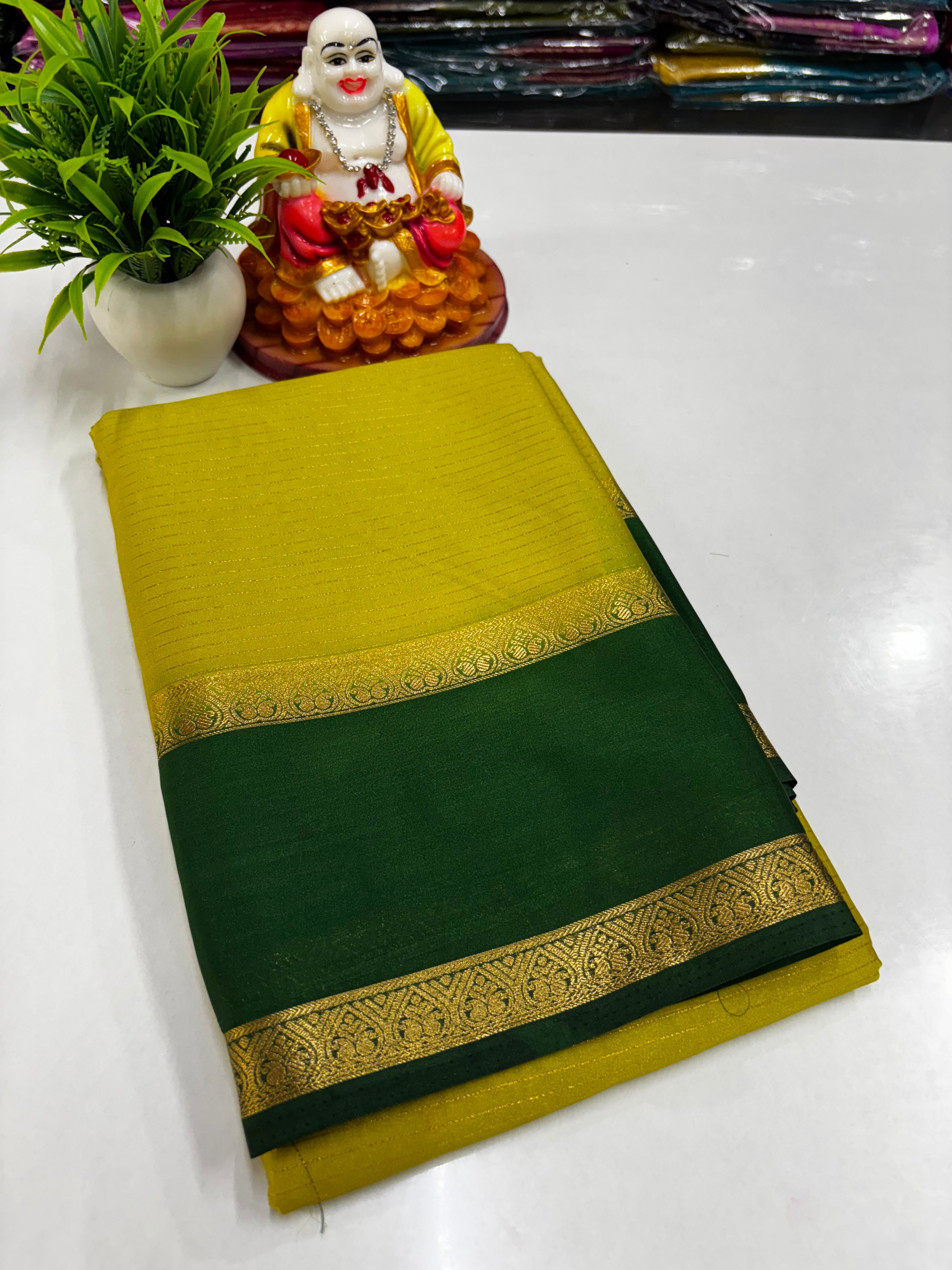 Mysore Crepe Silk Saree with Stripes & Bentex Border