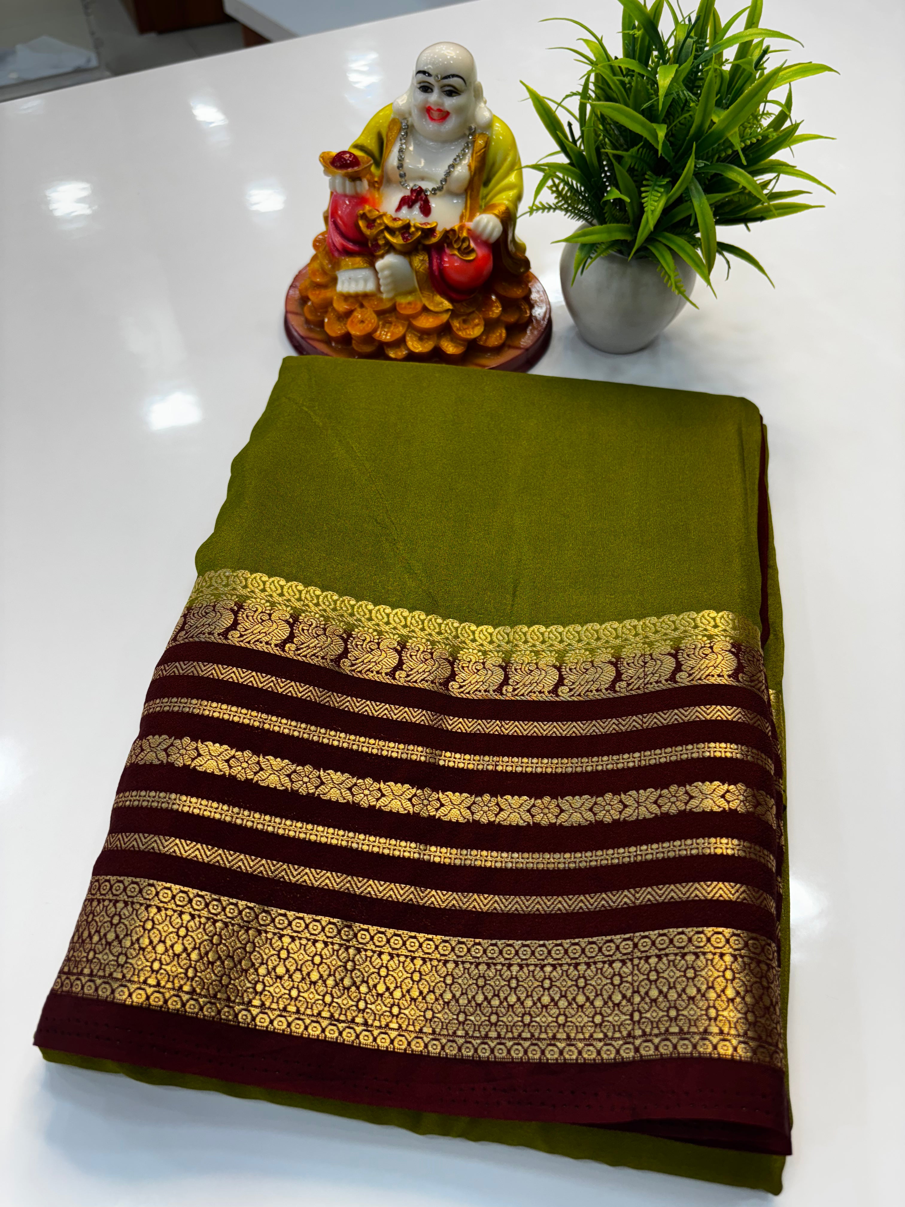 Mysore Crepe Silk Saree with Peacock Border | Padmavathi Silks and Sarees