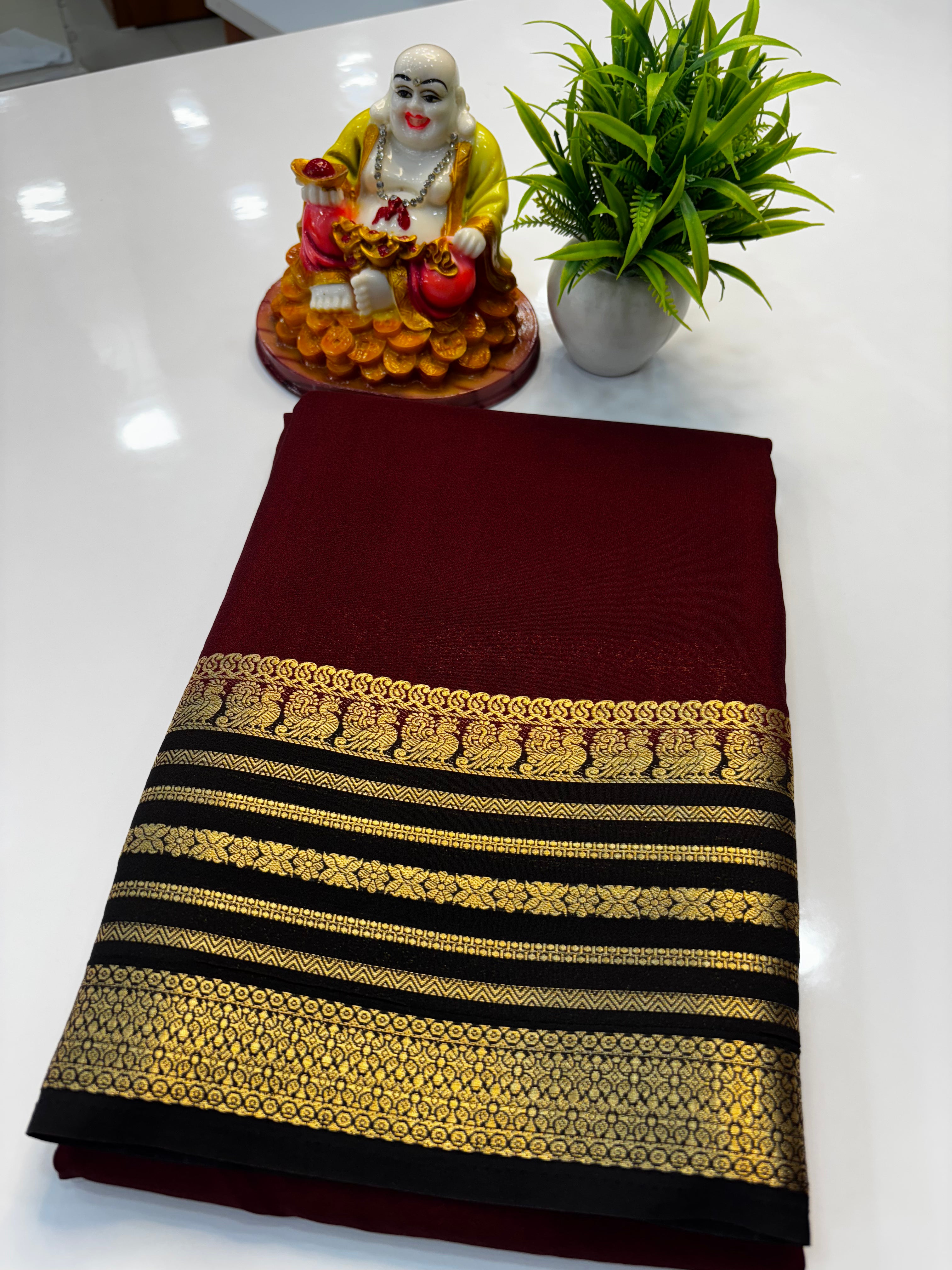 Mysore Crepe Silk Saree with Peacock Border | Padmavathi Silks and Sarees