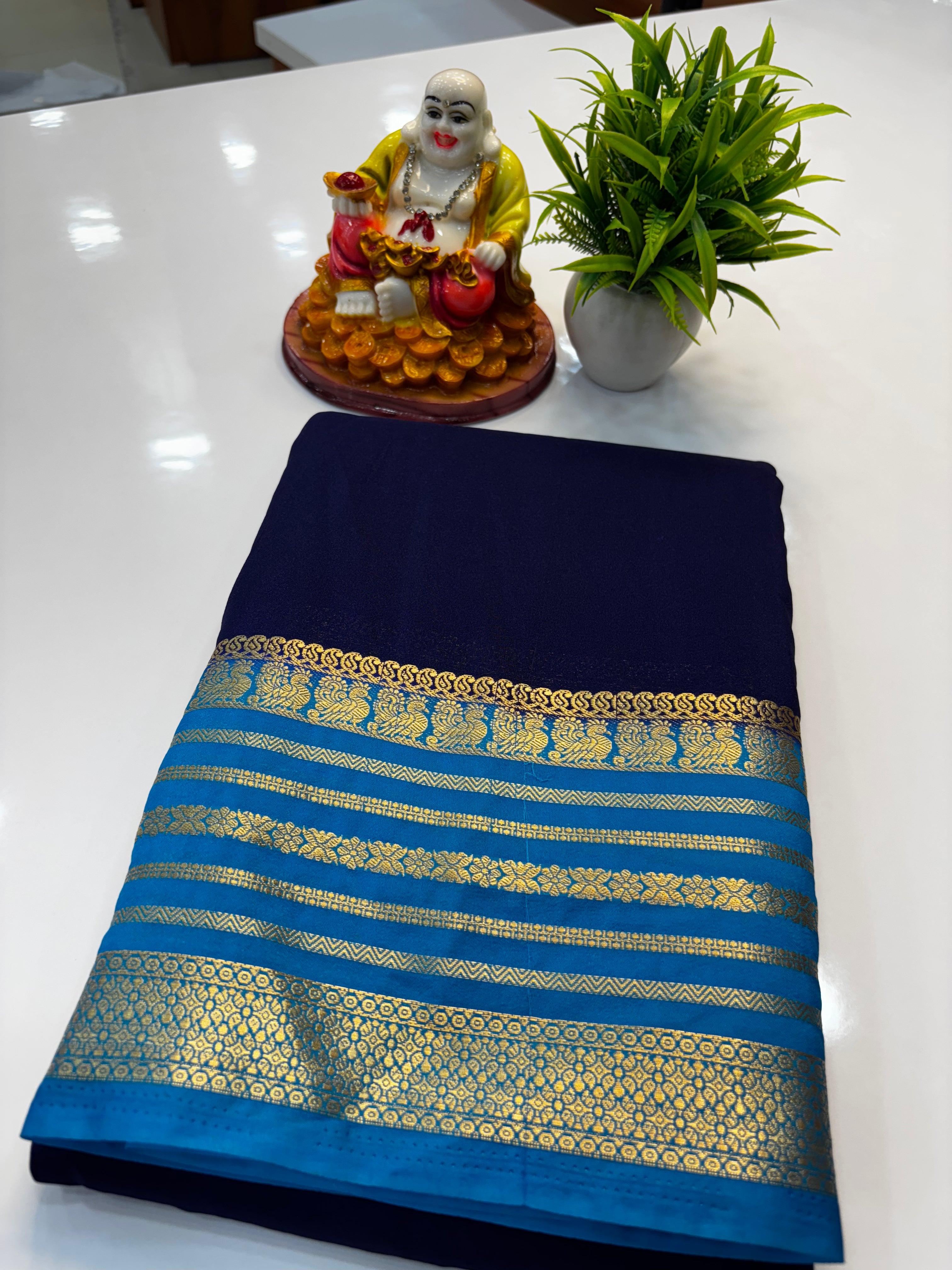 Mysore Crepe Silk Saree with Peacock Border | Padmavathi Silks and Sarees