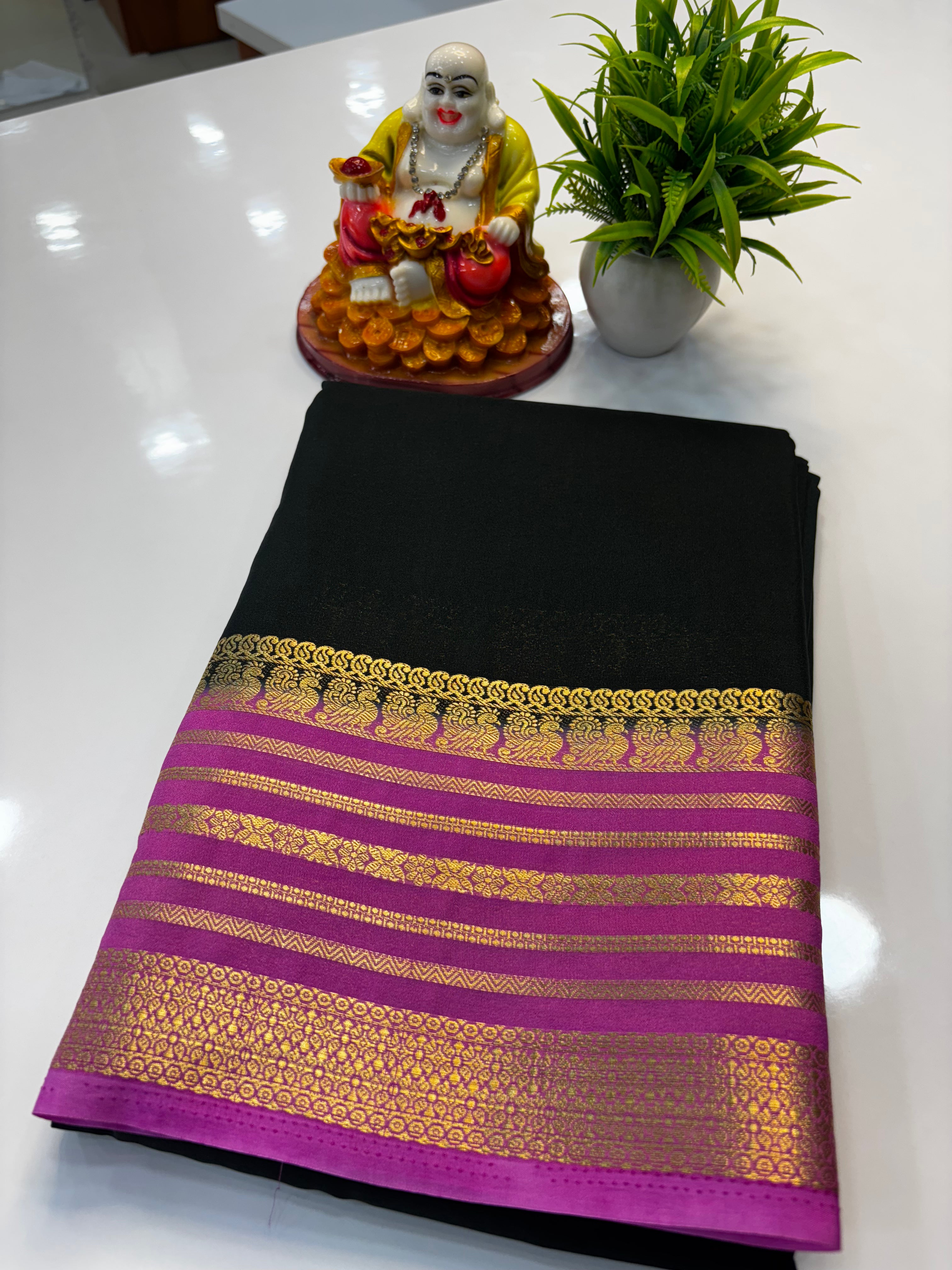 Mysore Crepe Silk Saree with Peacock Border | Padmavathi Silks and Sarees