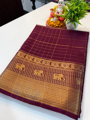 Premium Mysore Crepe Silk Saree with Checks & Elephant Border…..