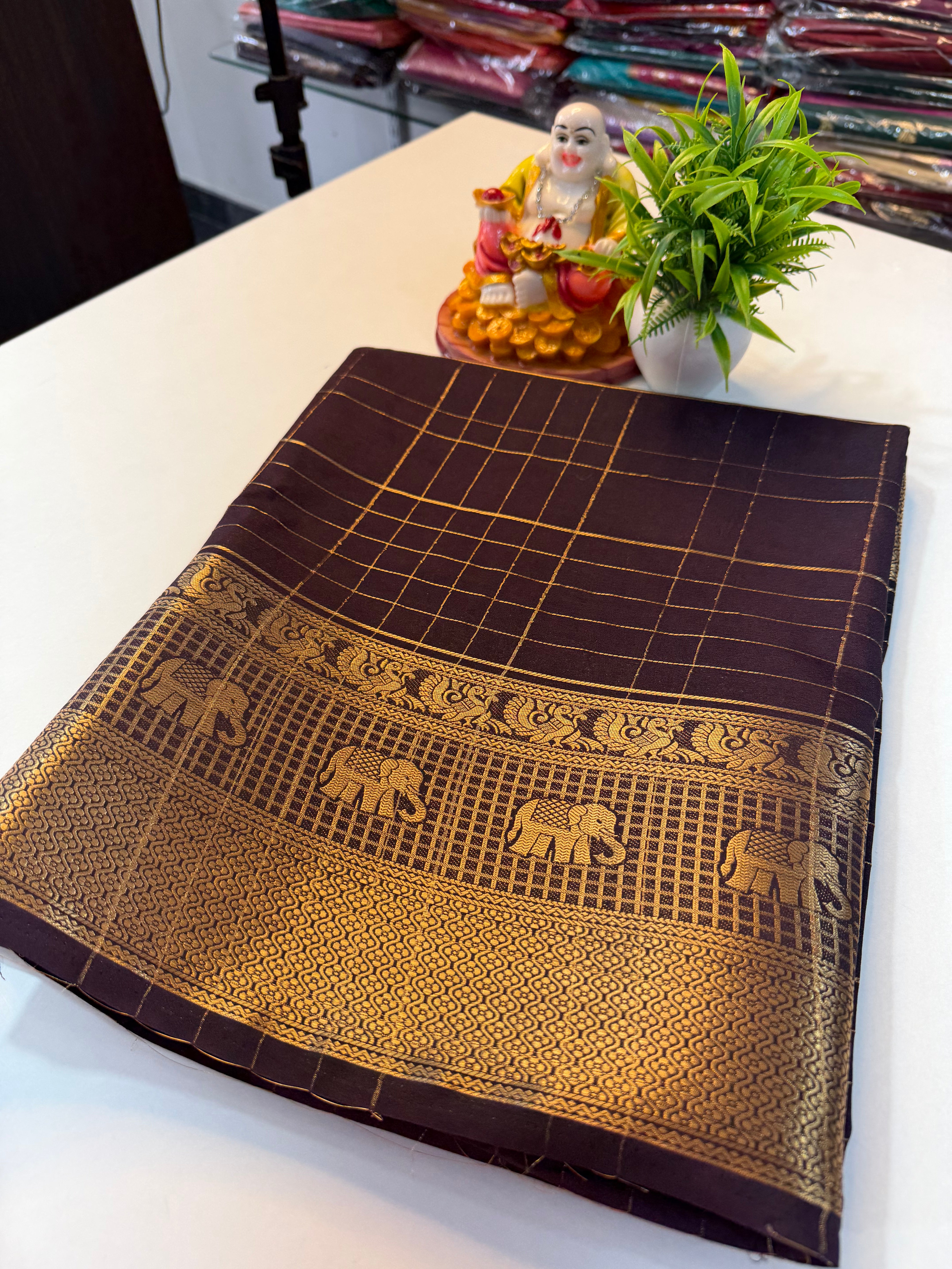 Premium Mysore Crepe Silk Saree with Checks & Elephant Border…..