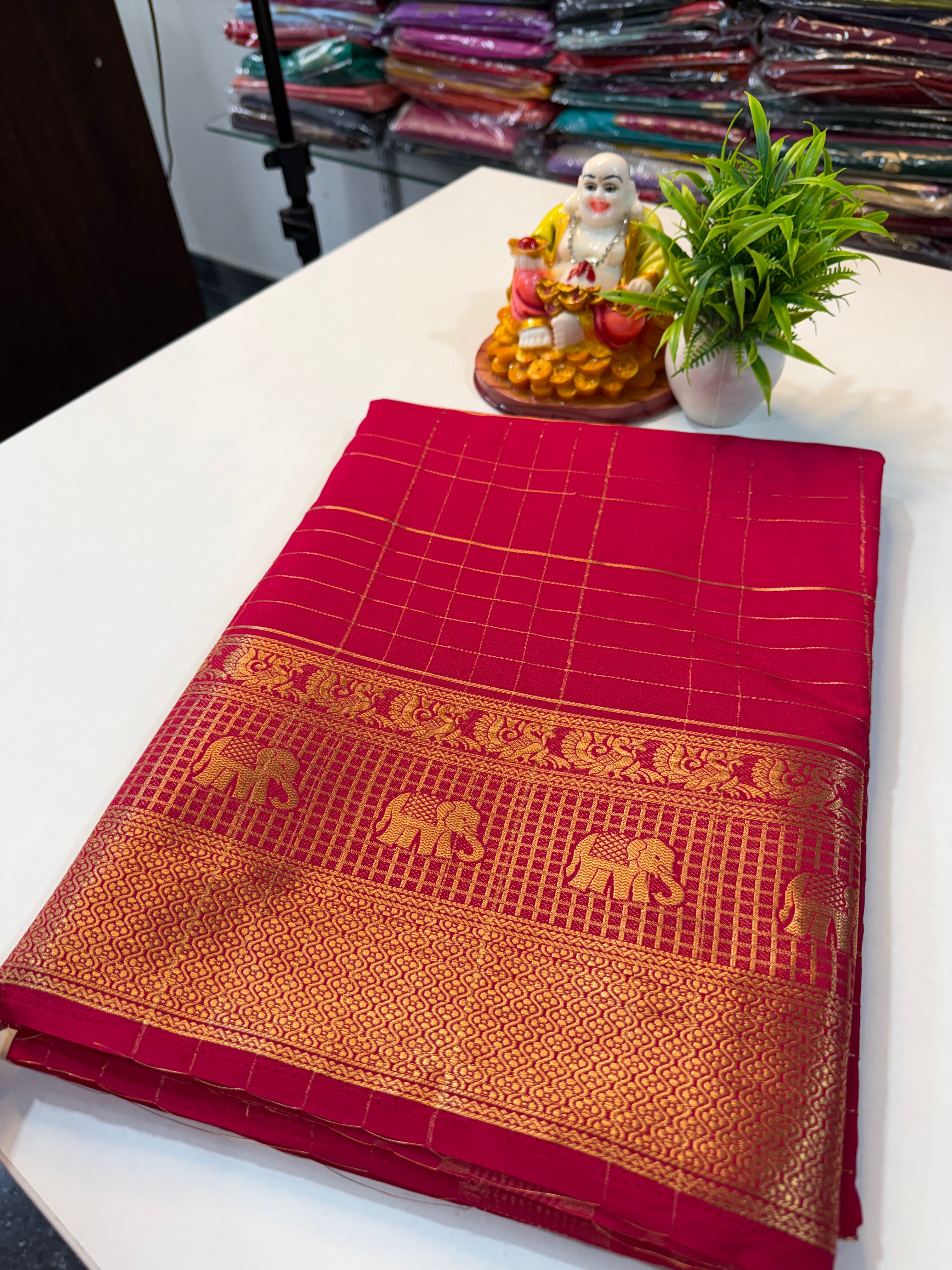 Premium Mysore Crepe Silk Saree with Checks & Elephant Border…..