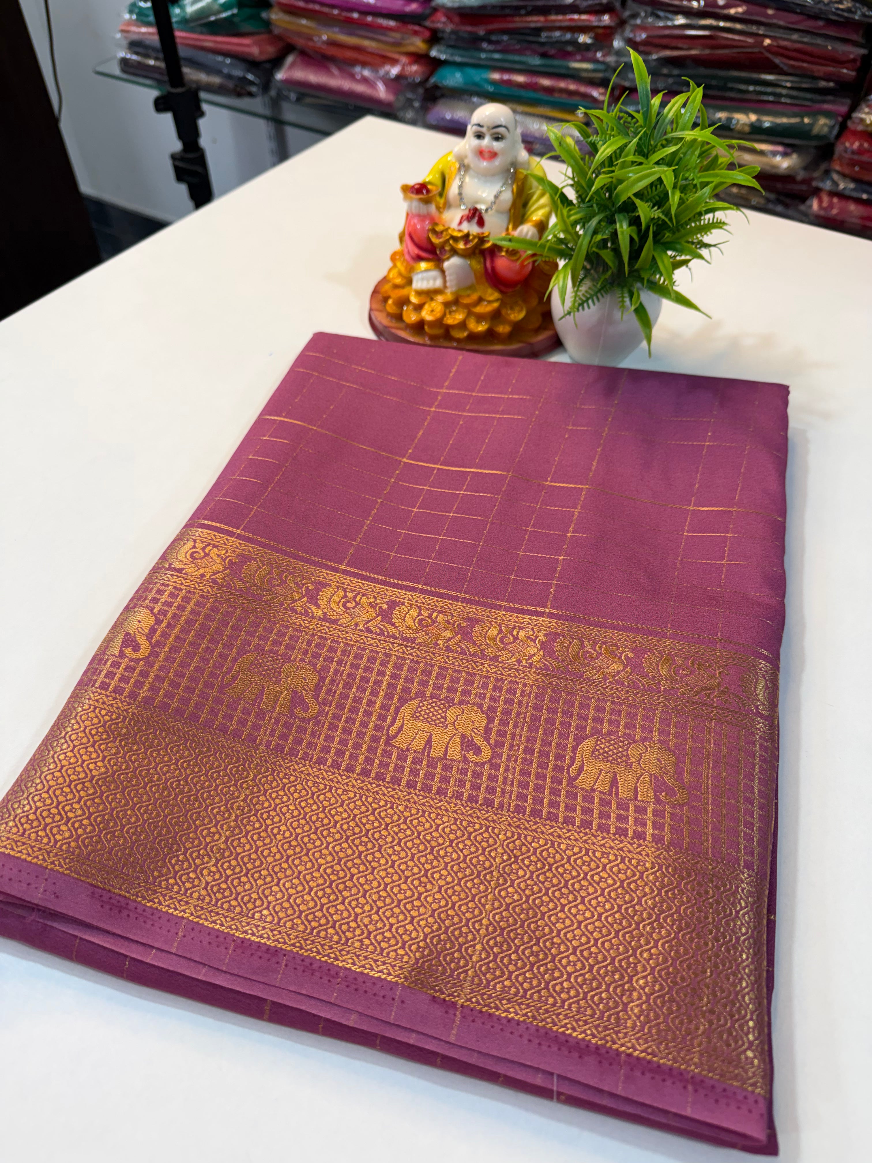 Premium Mysore Crepe Silk Saree with Checks & Elephant Border…..