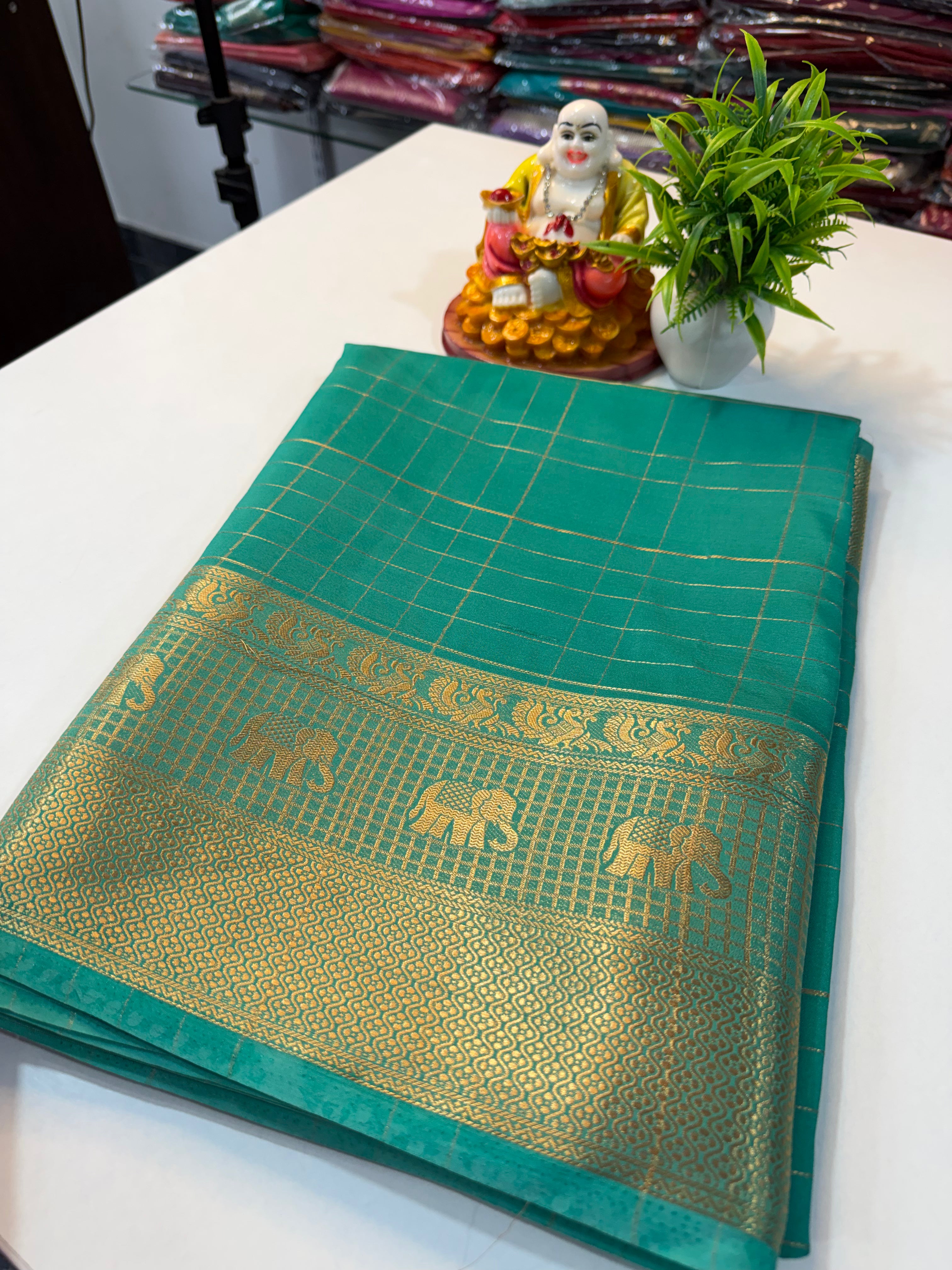 Premium Mysore Crepe Silk Saree with Checks & Elephant Border…..