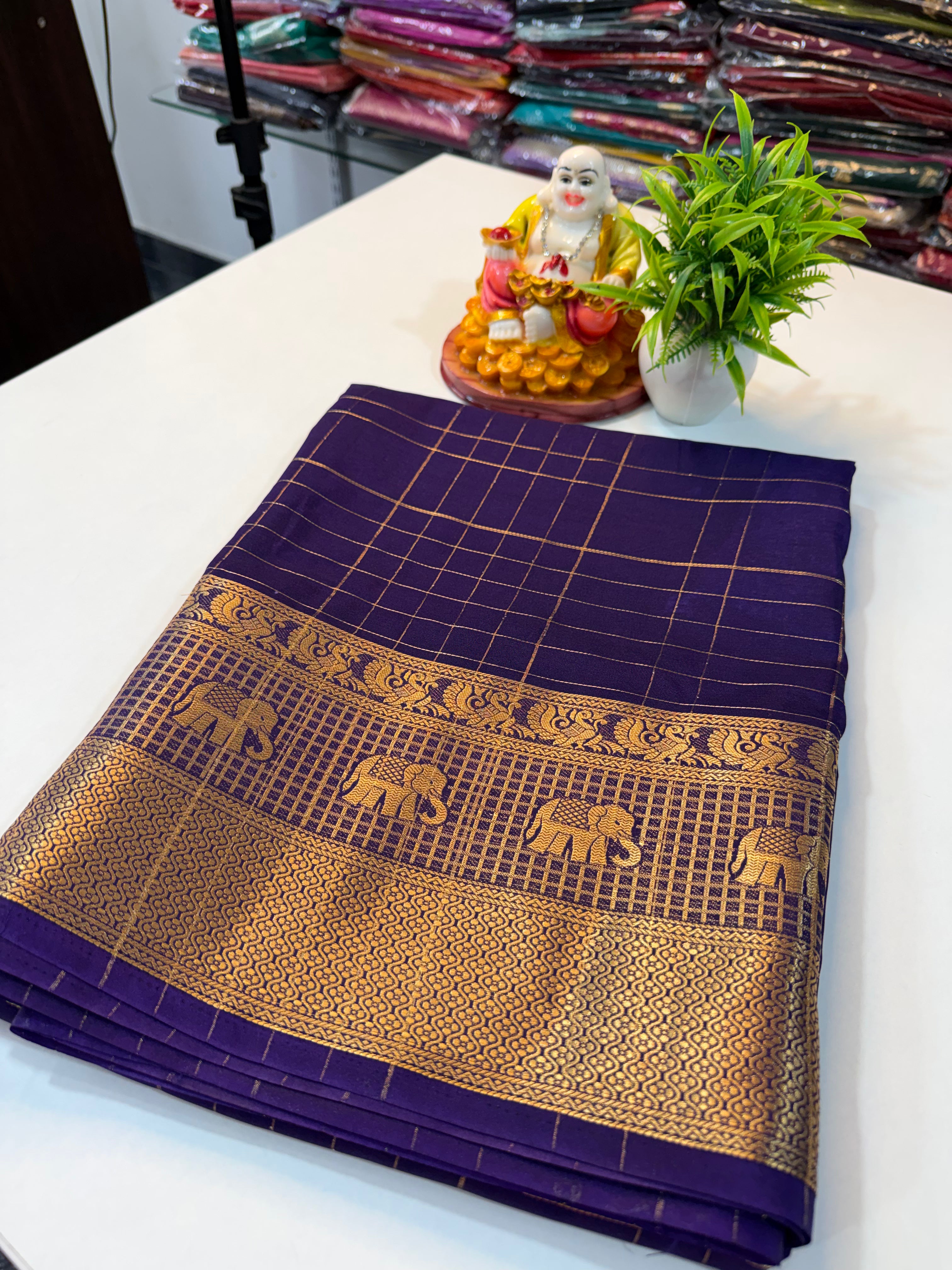 Premium Mysore Crepe Silk Saree with Checks & Elephant Border…..
