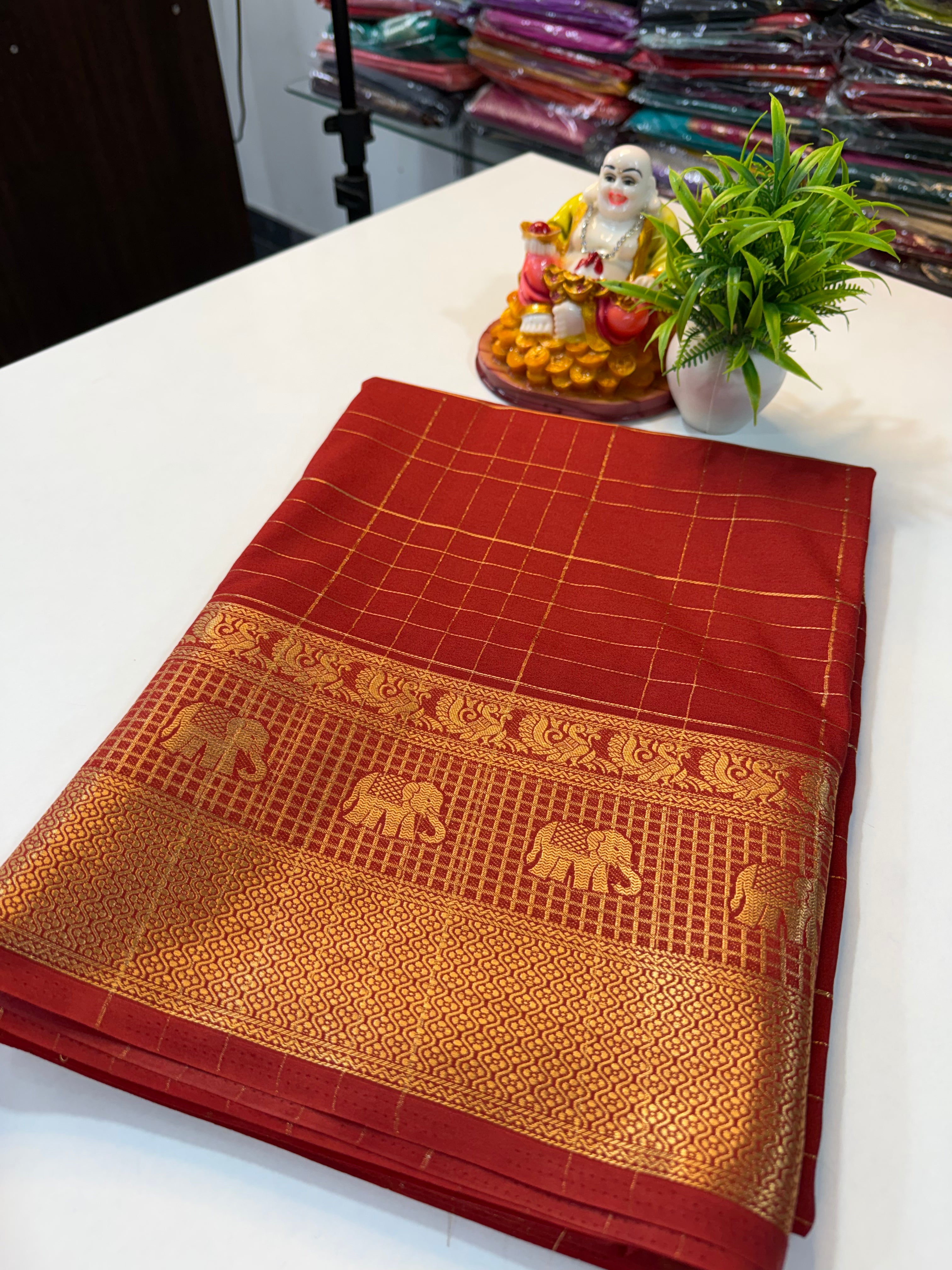 Premium Mysore Crepe Silk Saree with Checks & Elephant Border…..