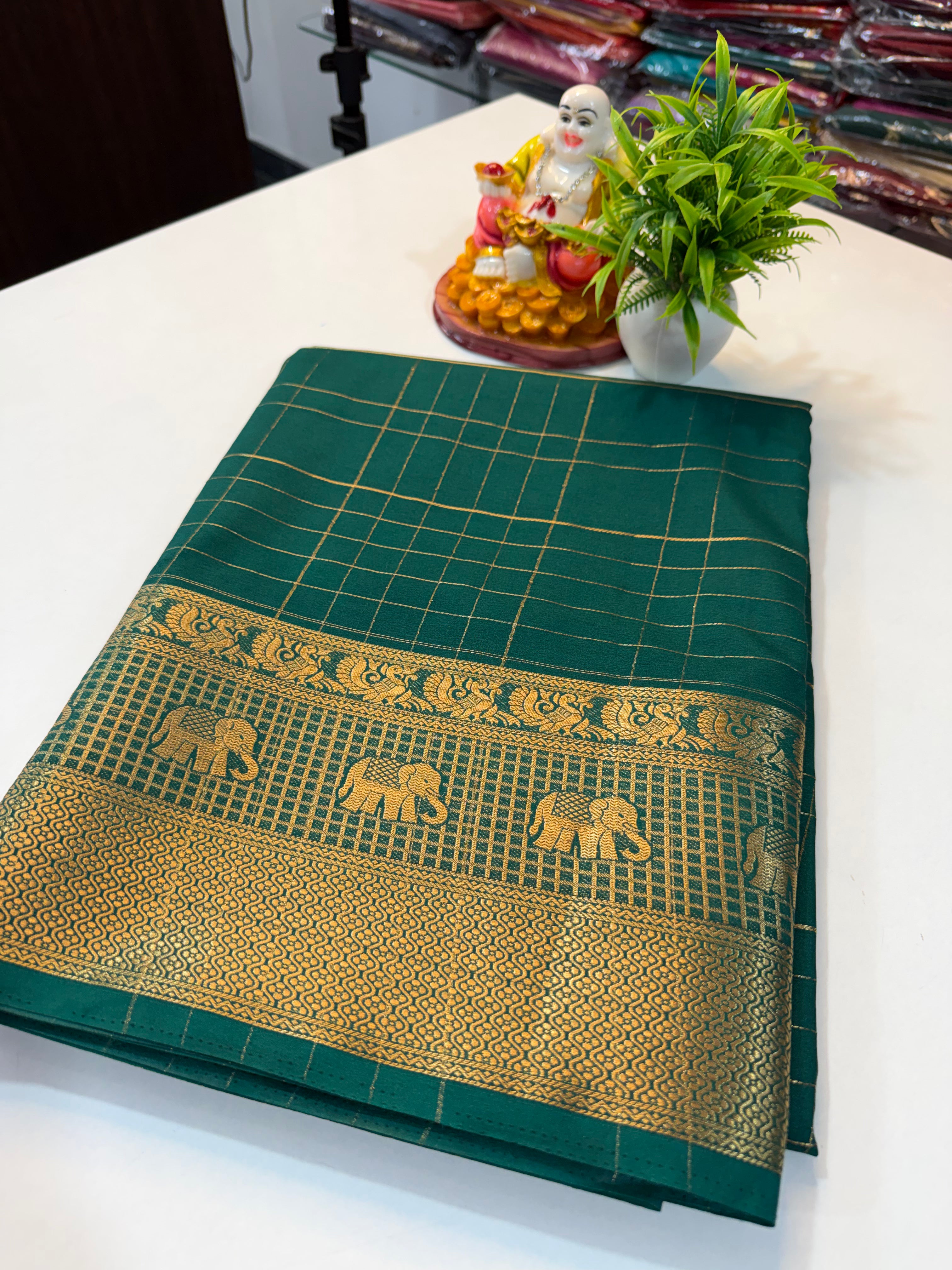 Premium Mysore Crepe Silk Saree with Checks & Elephant Border…..