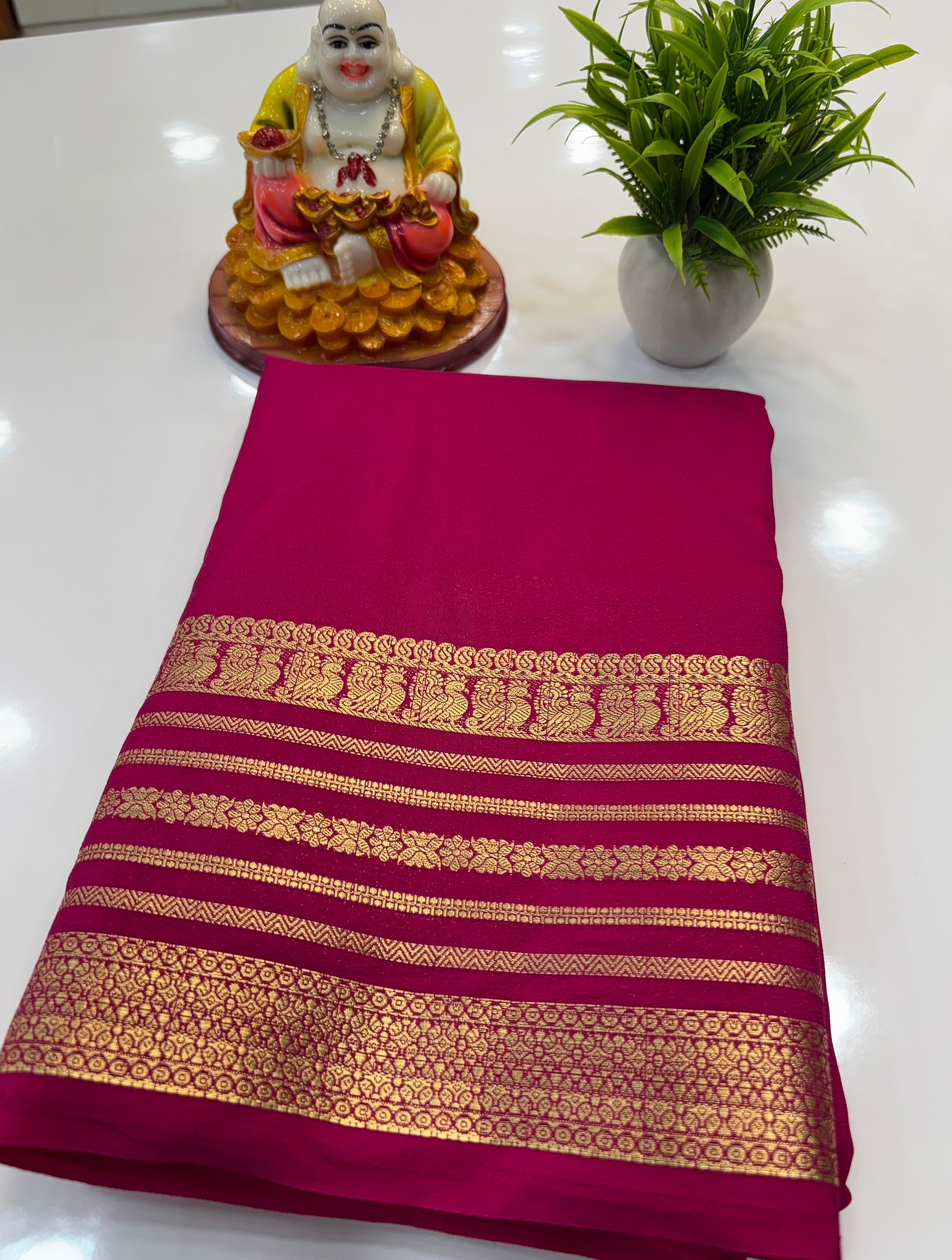 Mysore Crepe Silk Saree with Peacock Border | Padmavathi Silks and Sarees