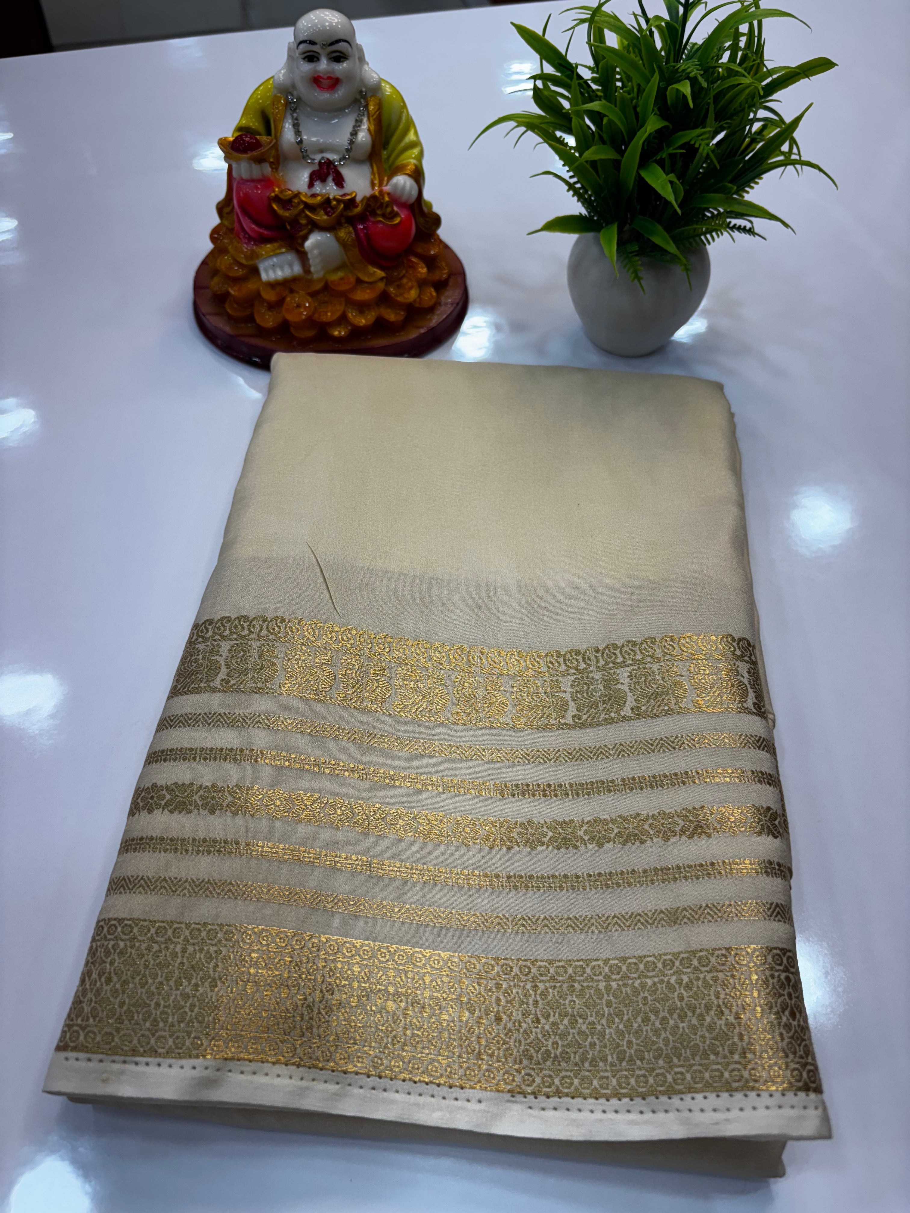 Mysore Crepe Silk Saree with Peacock Border | Padmavathi Silks and Sarees