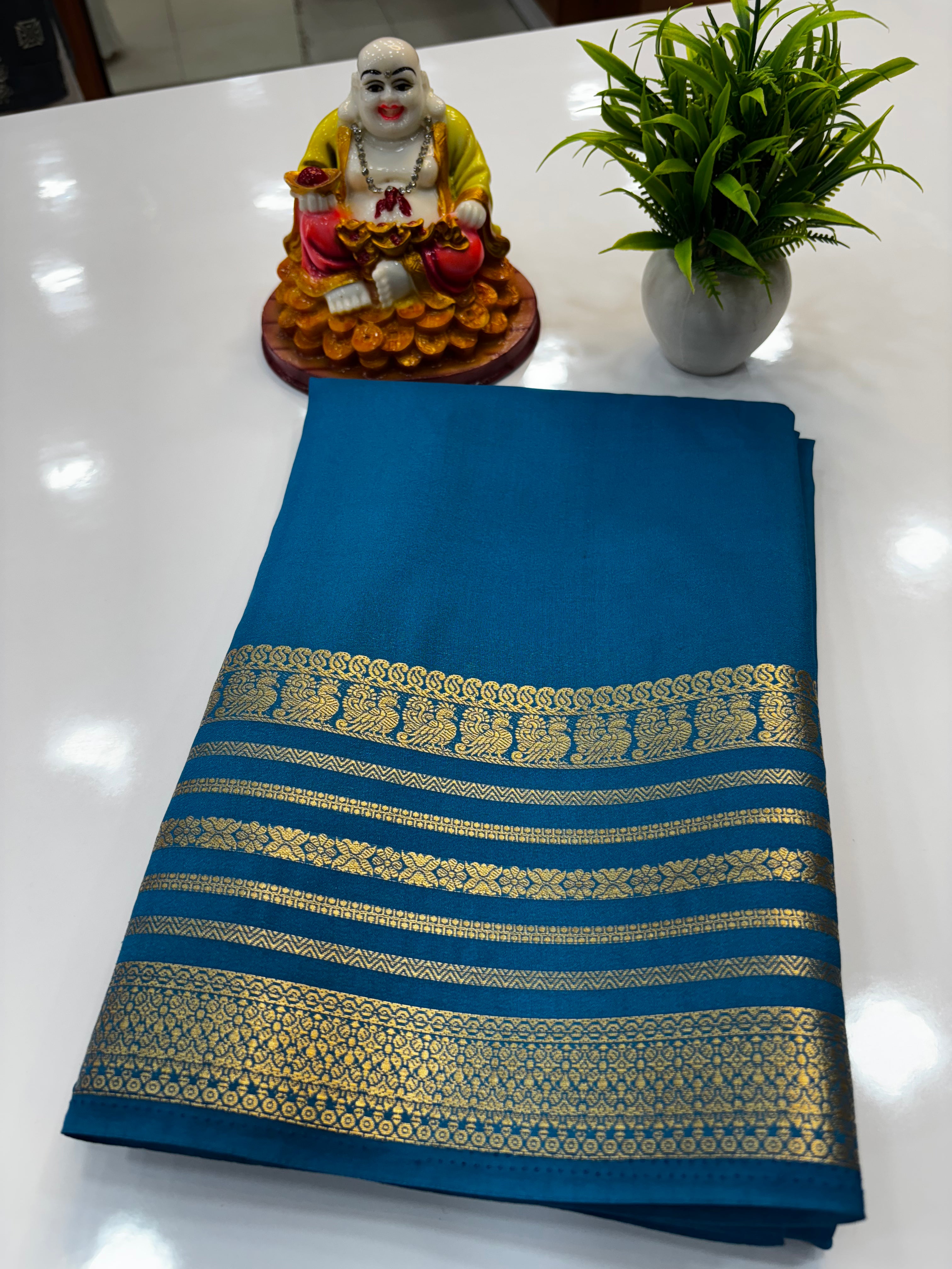 Mysore Crepe Silk Saree with Peacock Border | Padmavathi Silks and Sarees