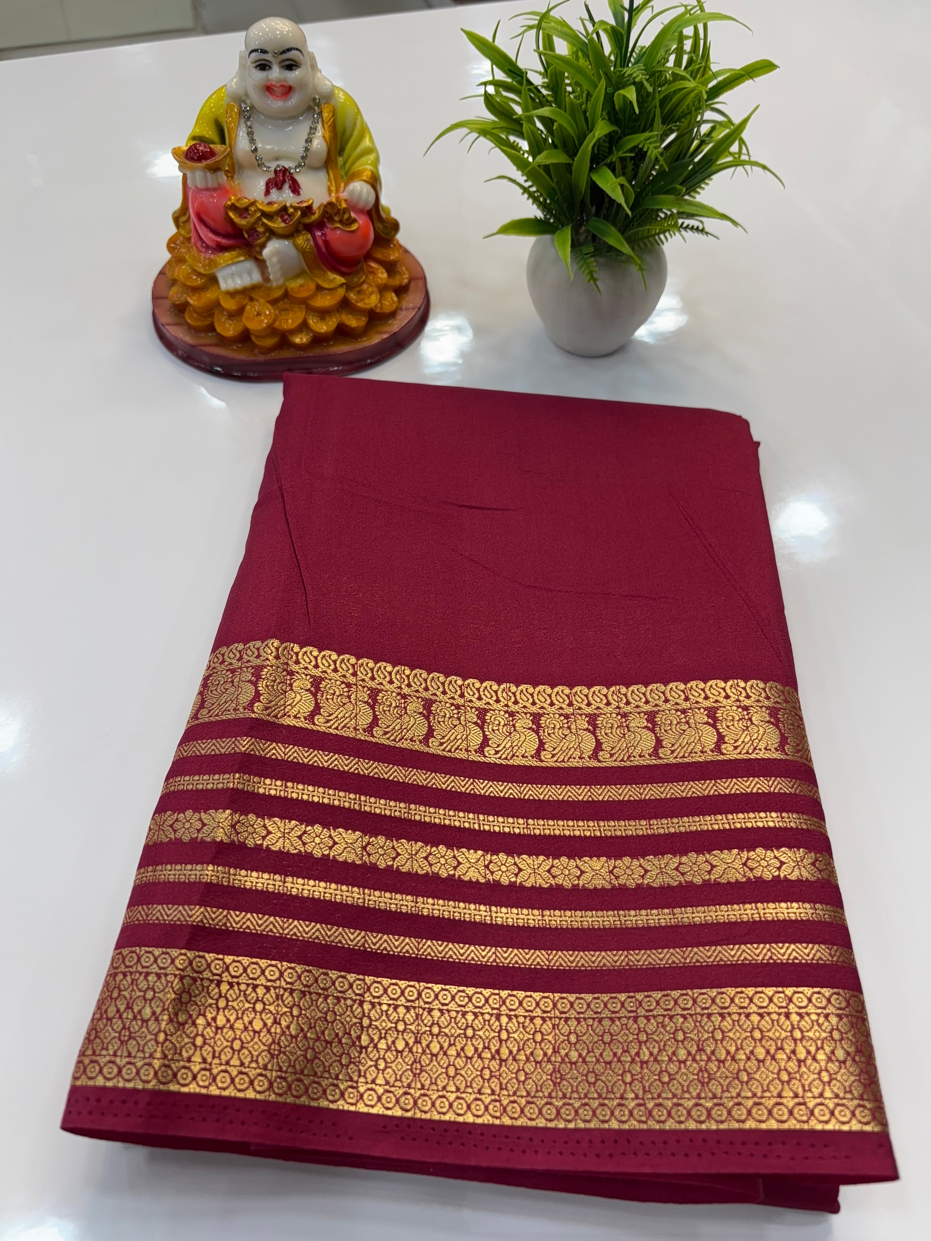 Mysore Crepe Silk Saree with Peacock Border | Padmavathi Silks and Sarees