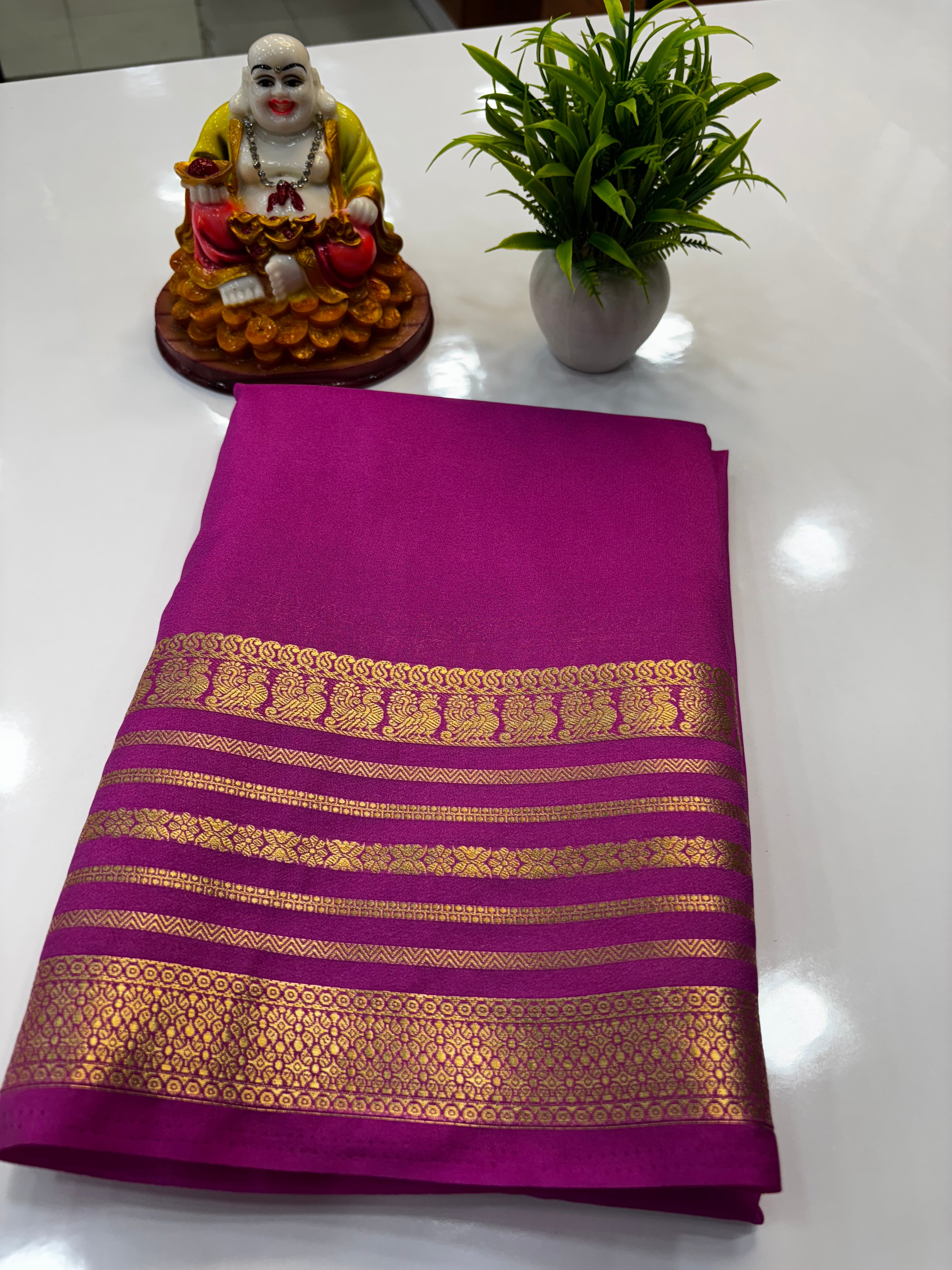 Mysore Crepe Silk Saree with Peacock Border | Padmavathi Silks and Sarees