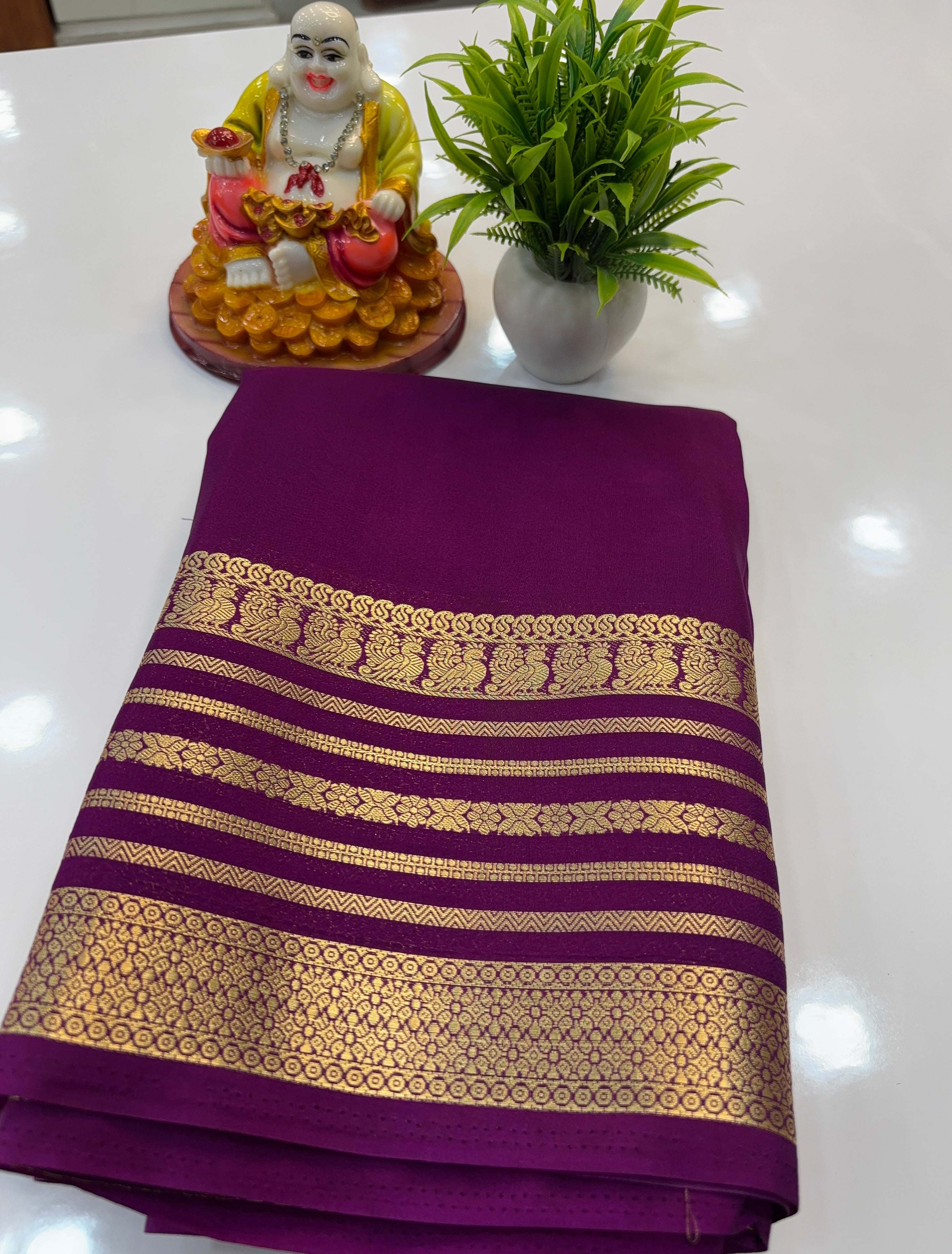 Mysore Crepe Silk Saree with Peacock Border | Padmavathi Silks and Sarees