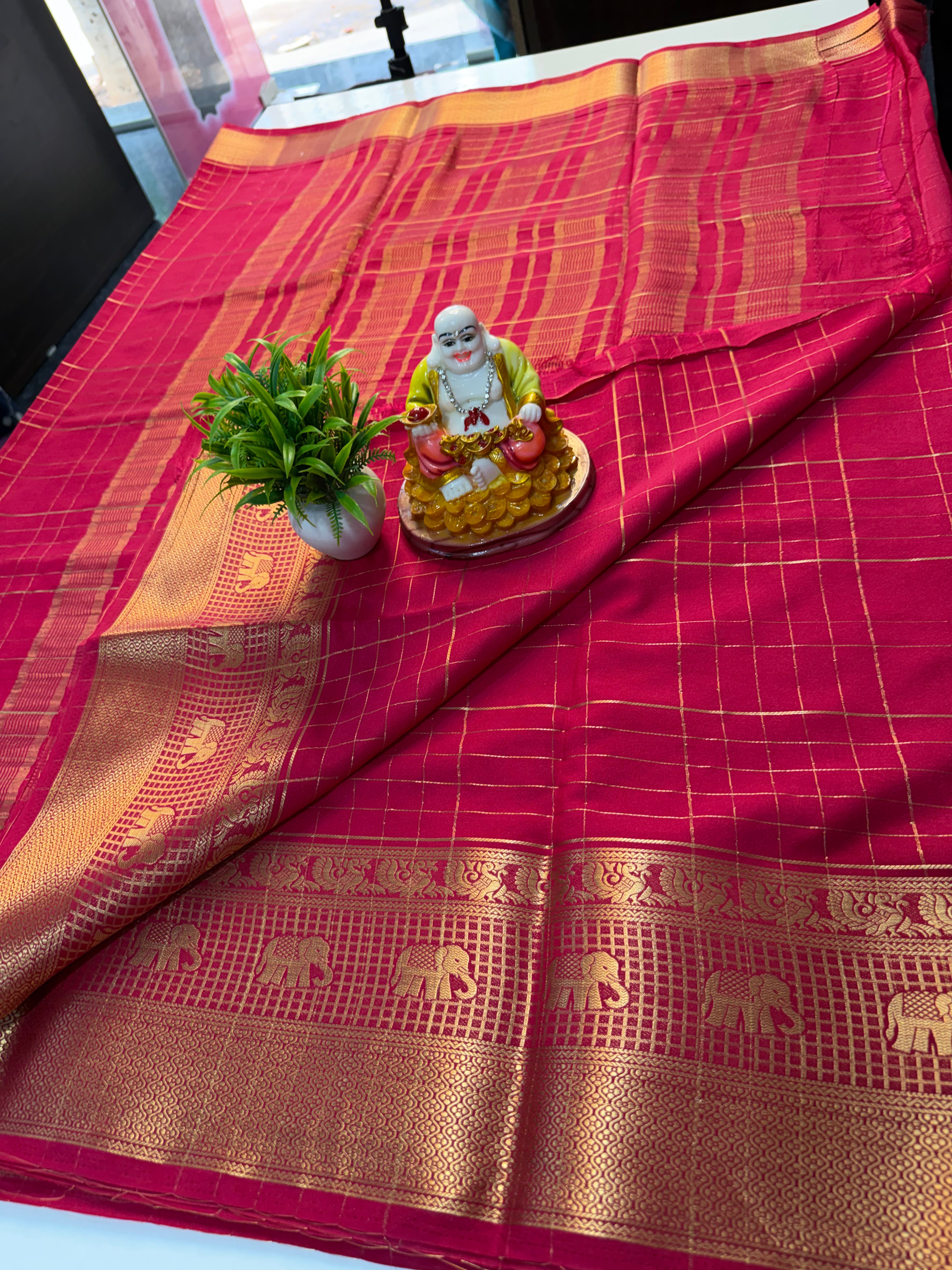 Premium Mysore Crepe Silk Saree with Checks & Elephant Border…..