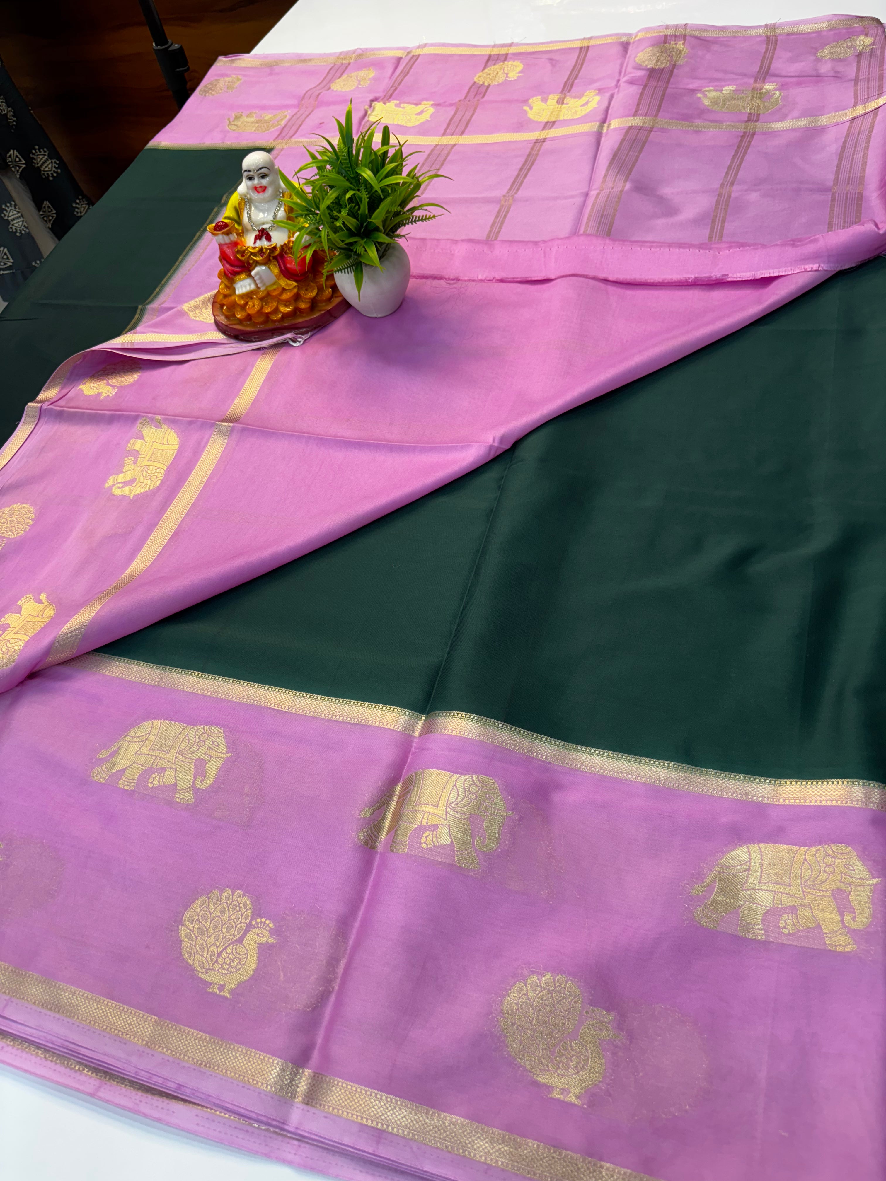 Premium Mysore Crepe Silk Saree with Bentex Border & Elephant Highlights