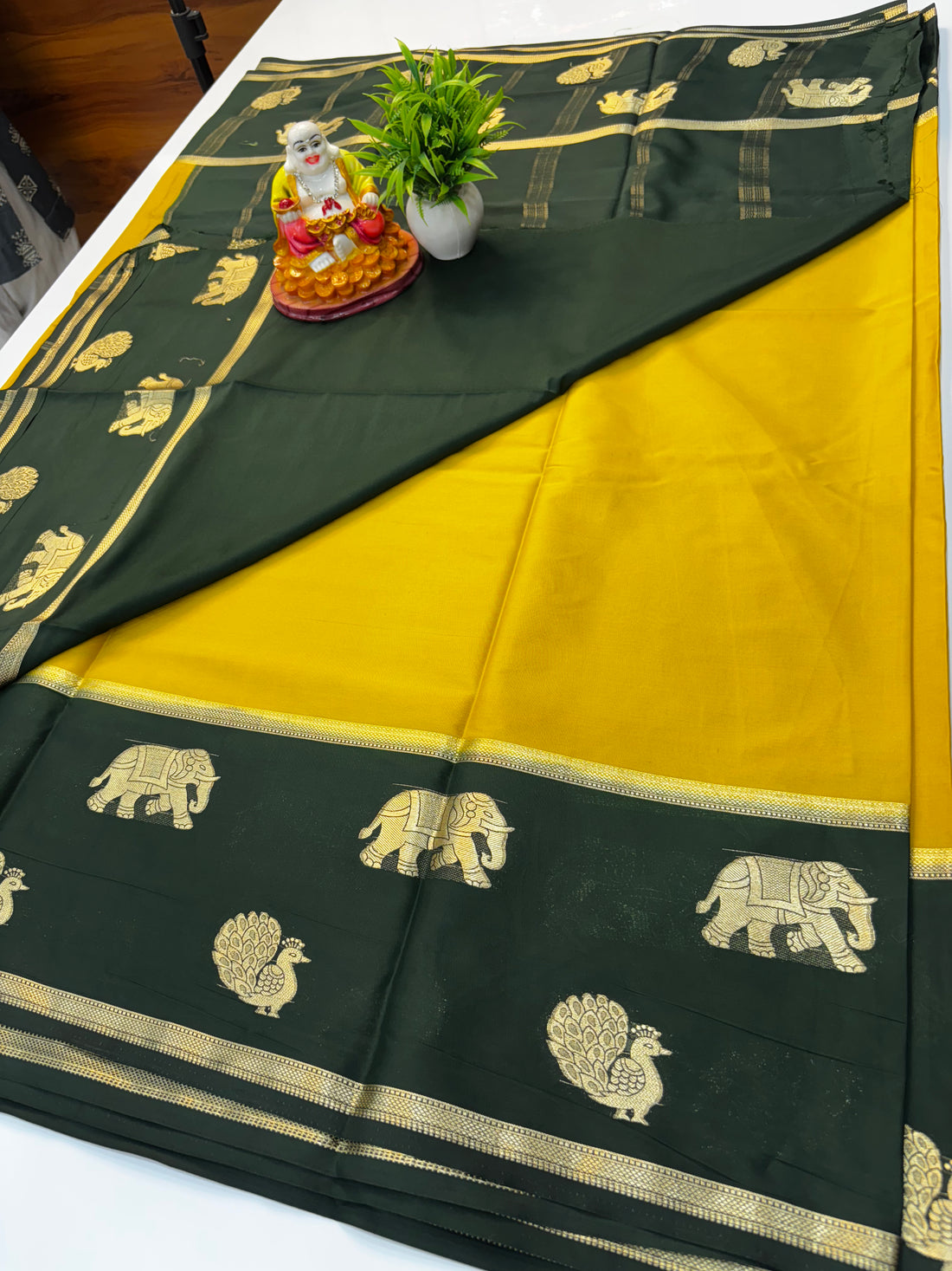 Premium Mysore Crepe Silk Saree with Bentex Border & Elephant Highlights