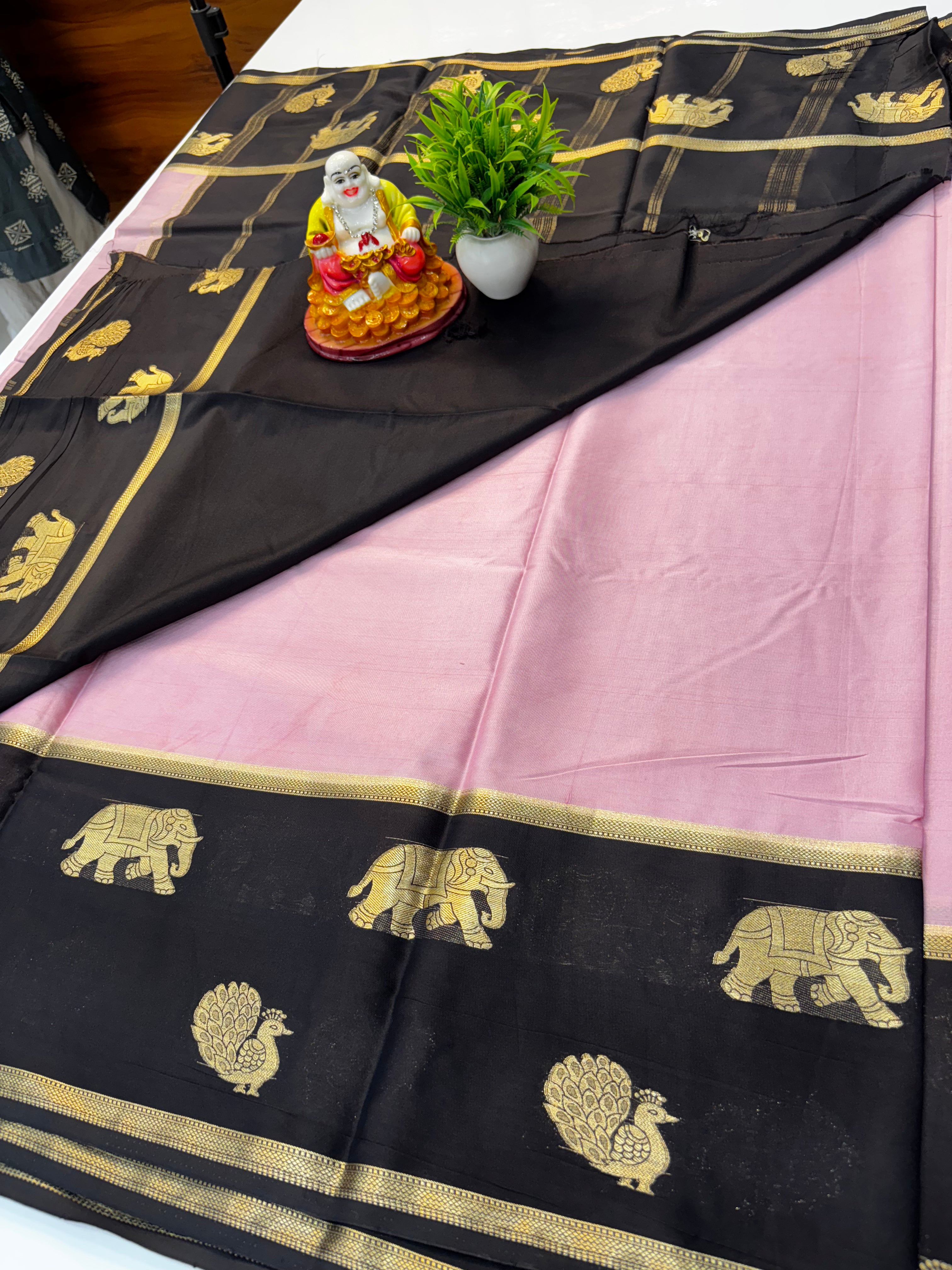 Premium Mysore Crepe Silk Saree with Bentex Border & Elephant Highlights