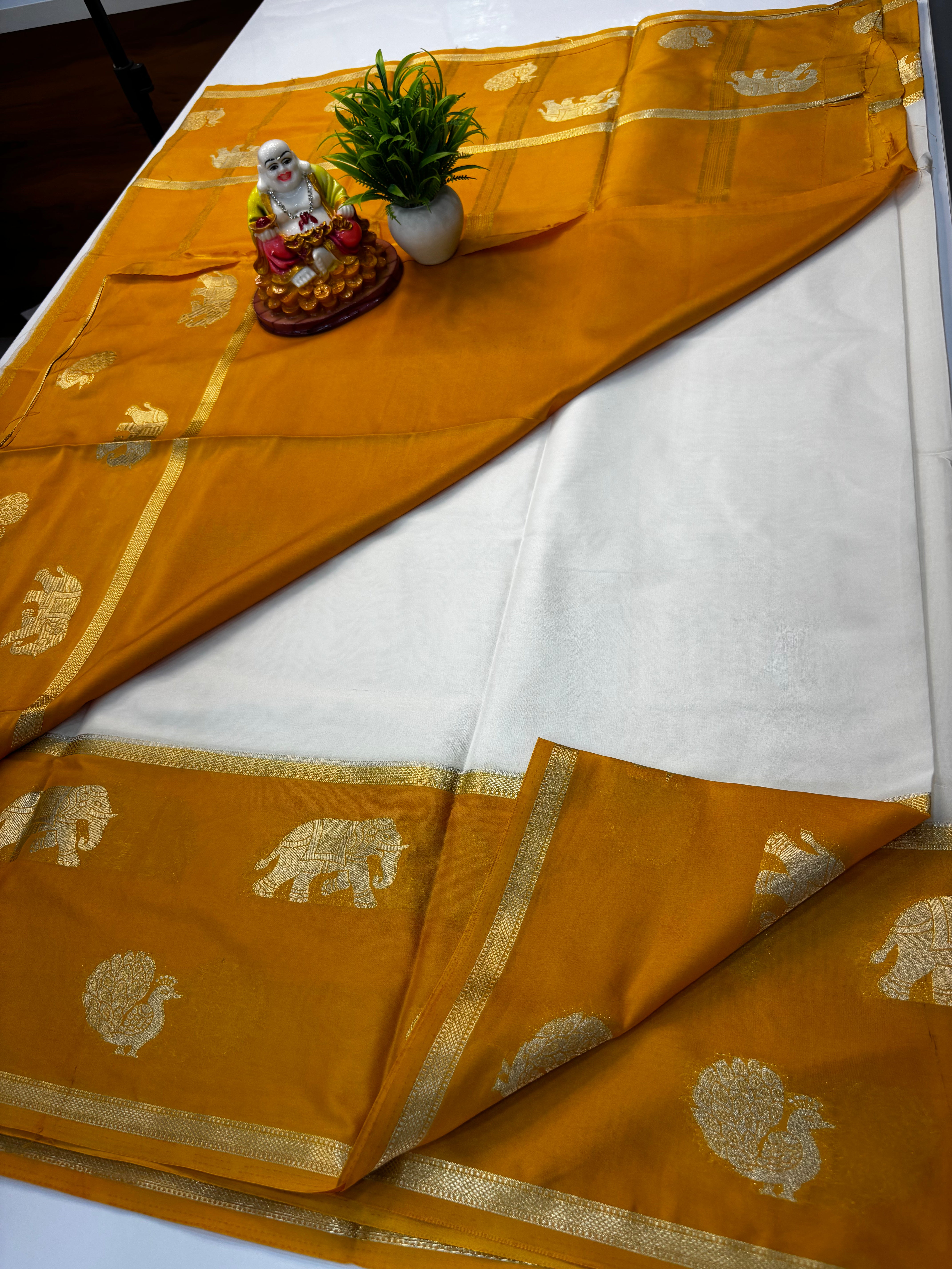 Premium Mysore Crepe Silk Saree with Bentex Border & Elephant Highlights