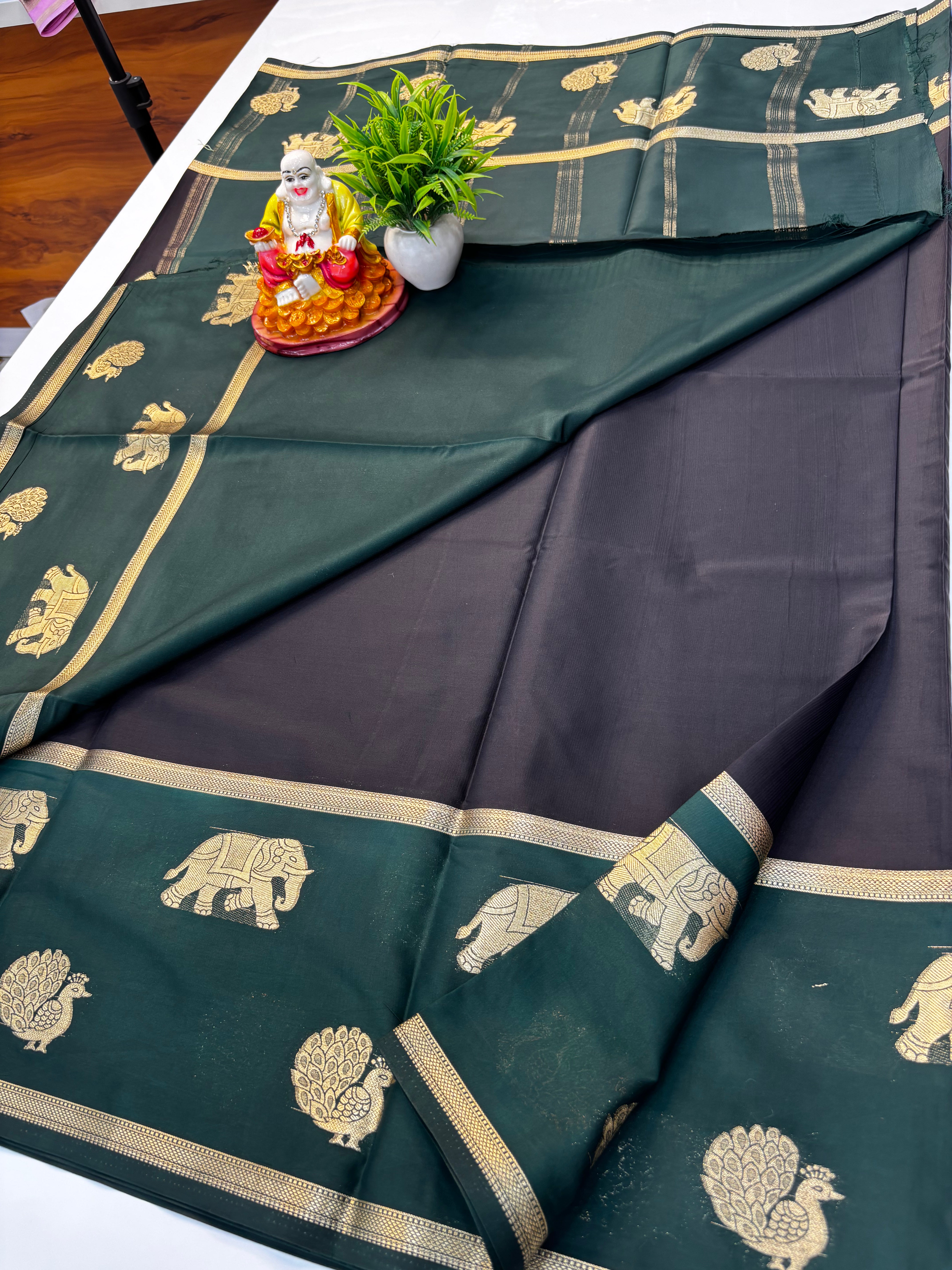 Premium Mysore Crepe Silk Saree with Bentex Border & Elephant Highlights