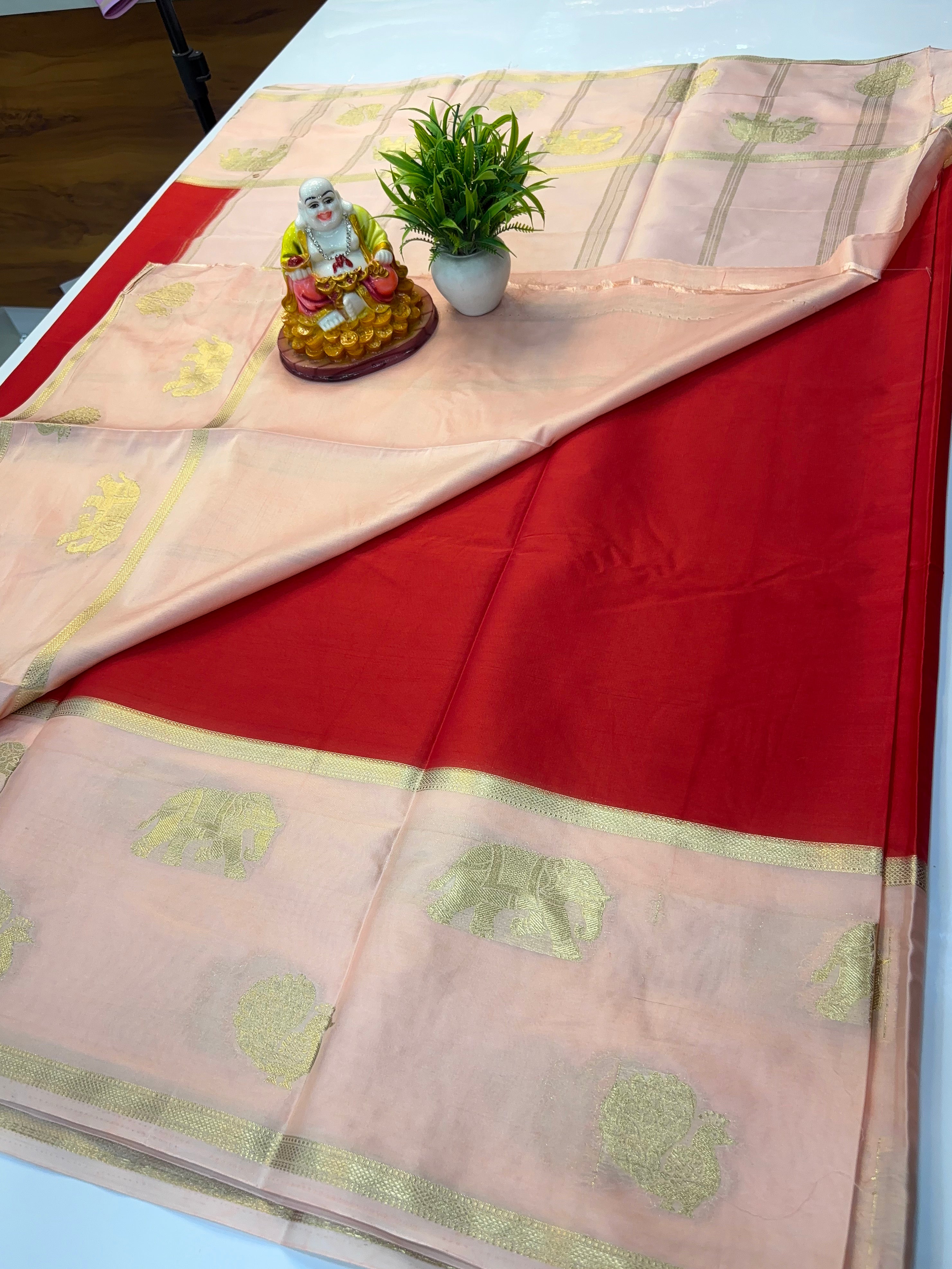 Premium Mysore Crepe Silk Saree with Bentex Border & Elephant Highlights