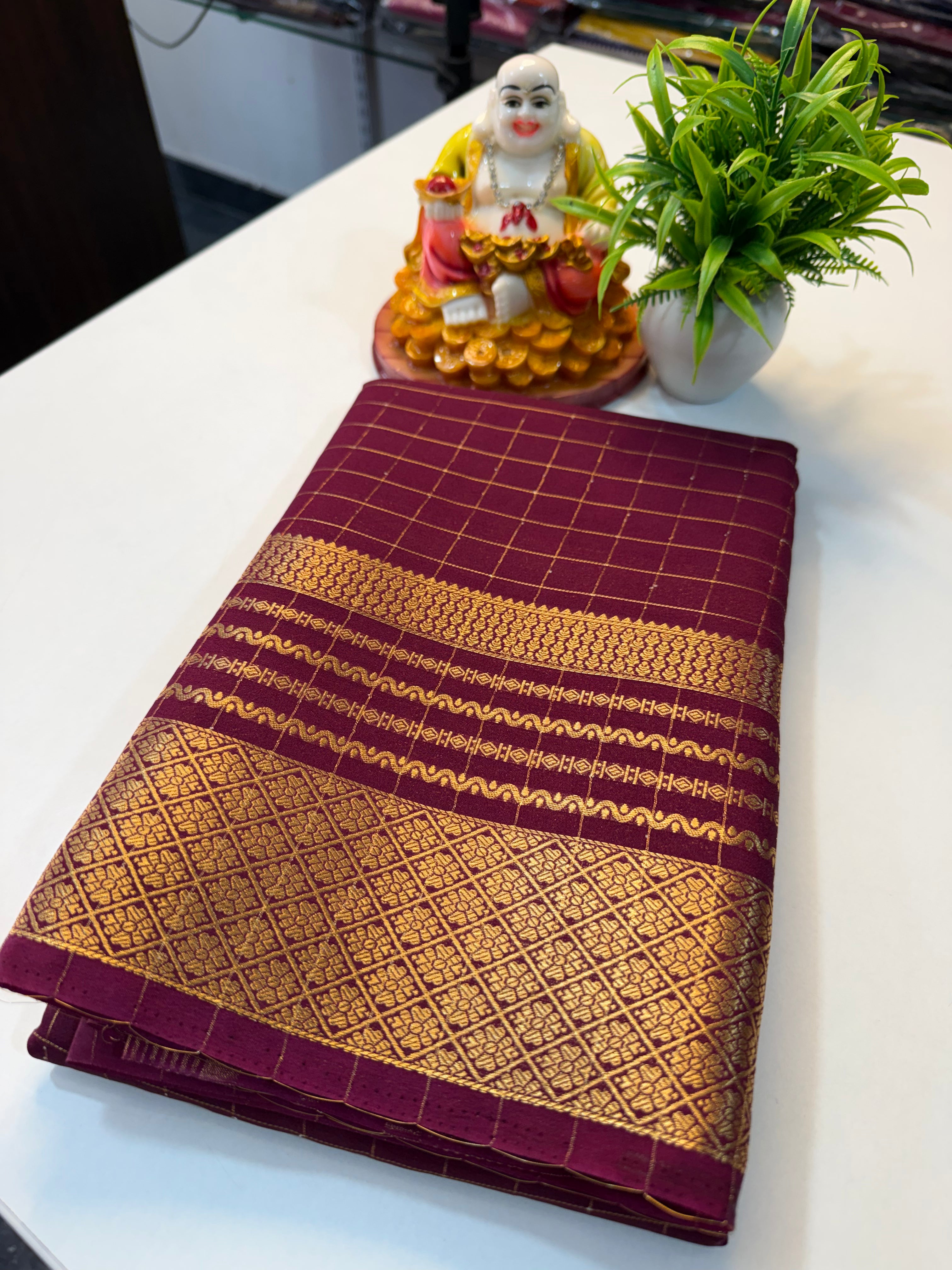 Mysore Crepe Silk Saree with Checks & Beautiful Border..