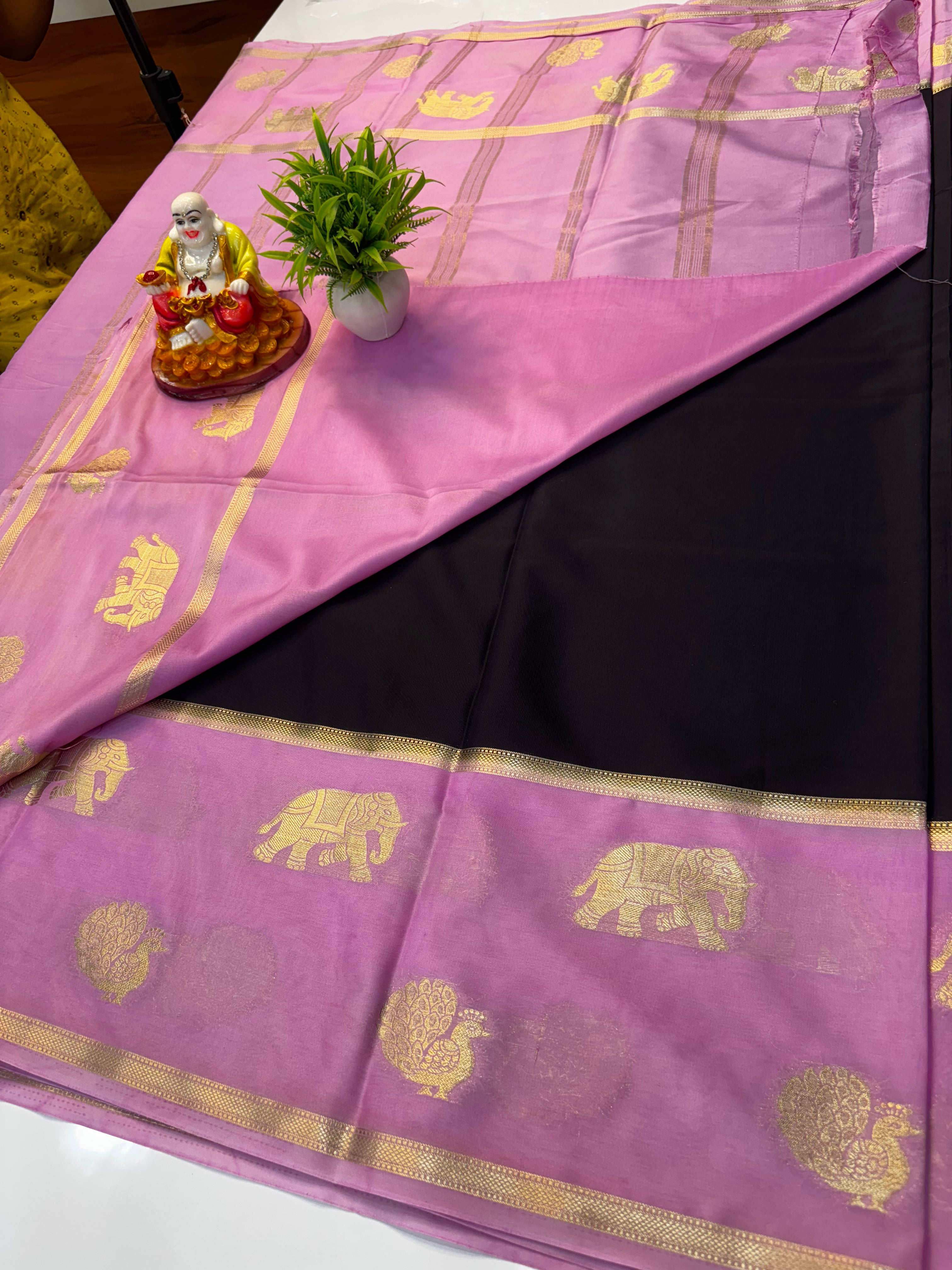 Premium Mysore Crepe Silk Saree with Bentex Border & Elephant Highlights